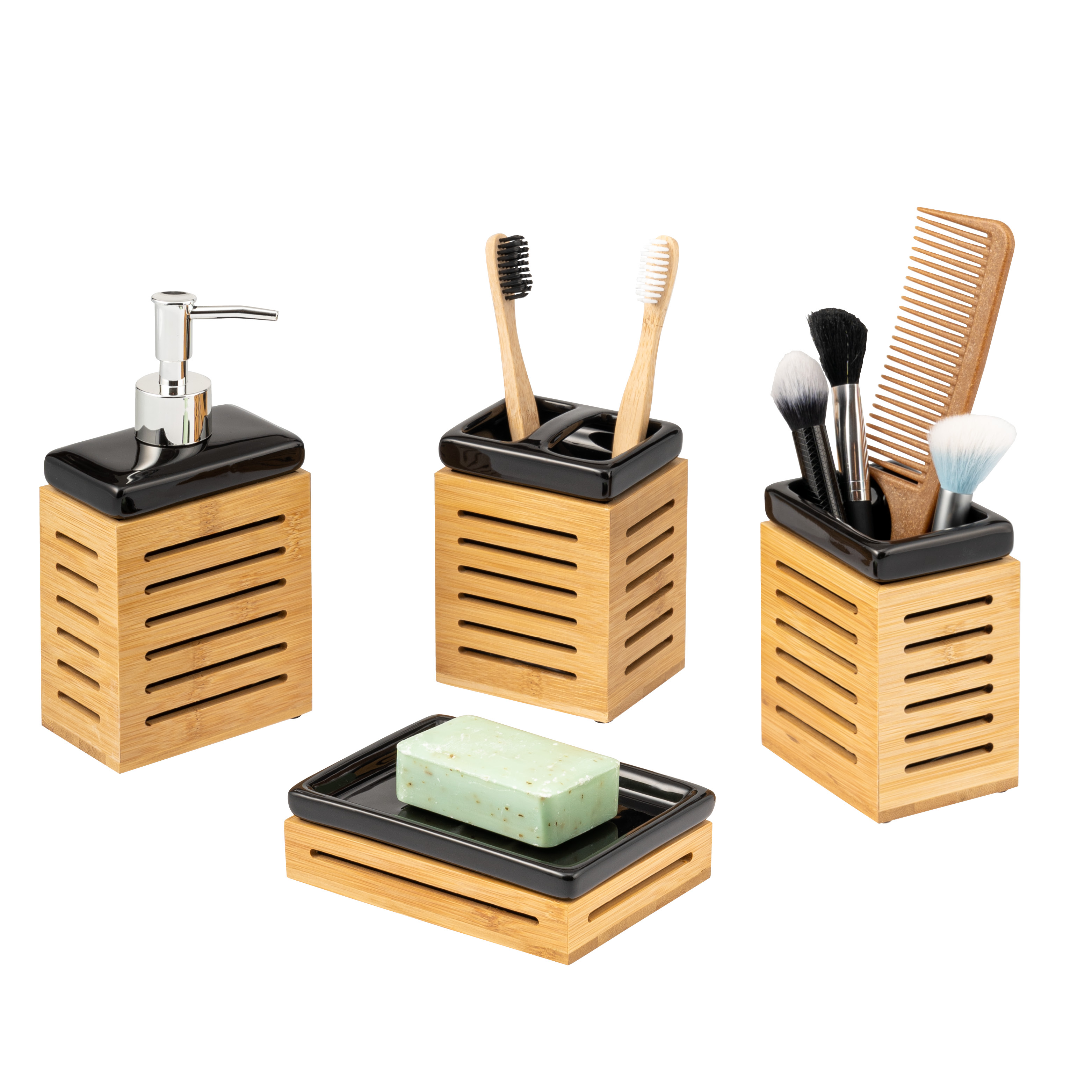 Badezimmer-Set 4-tlg., Bambus, Keramik, schwarz, Badezimmer-Zubehör-Set