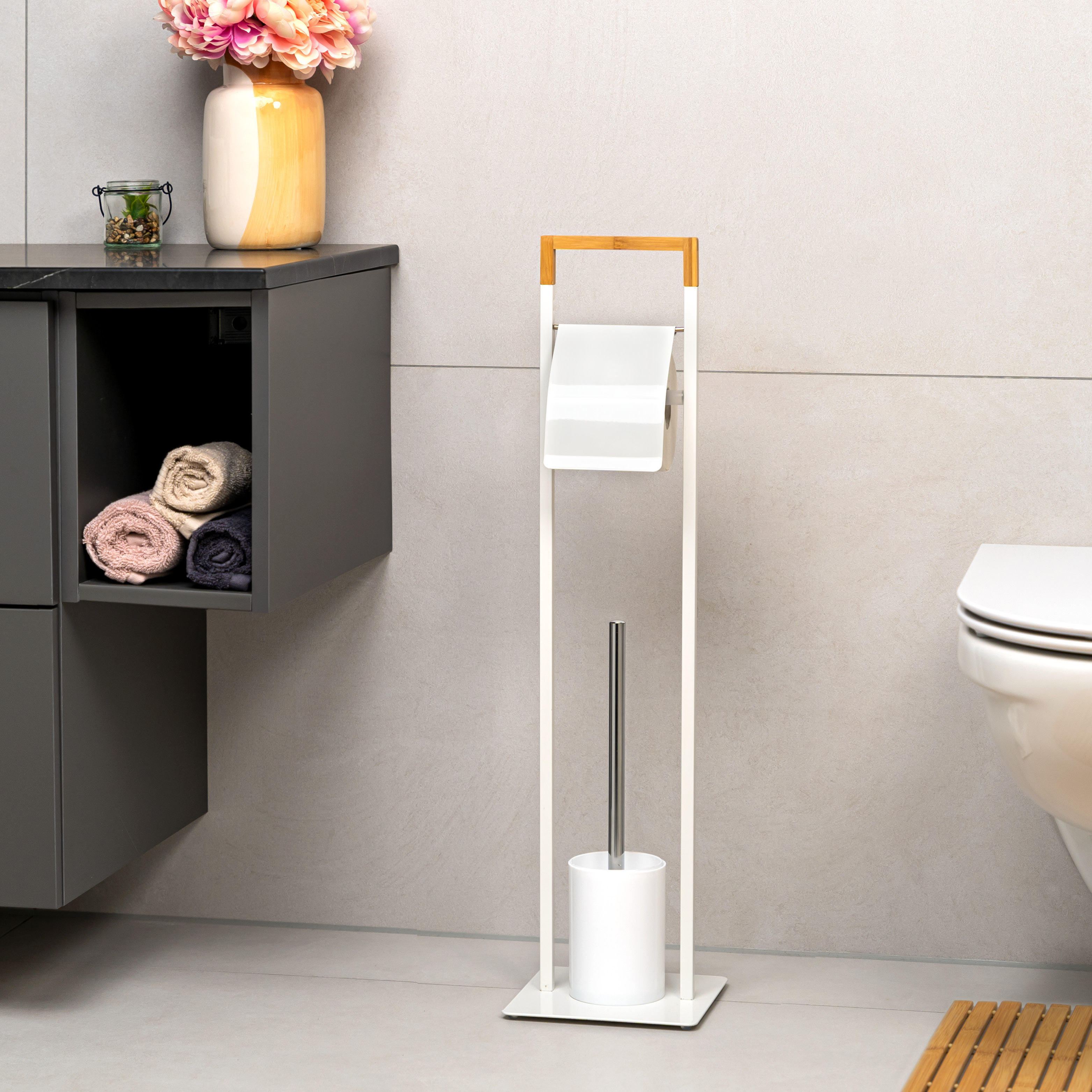 Stand-WC-Garnitur 2in1, WC-Bürste, WC-Rollenhalter, weiß/Bambus