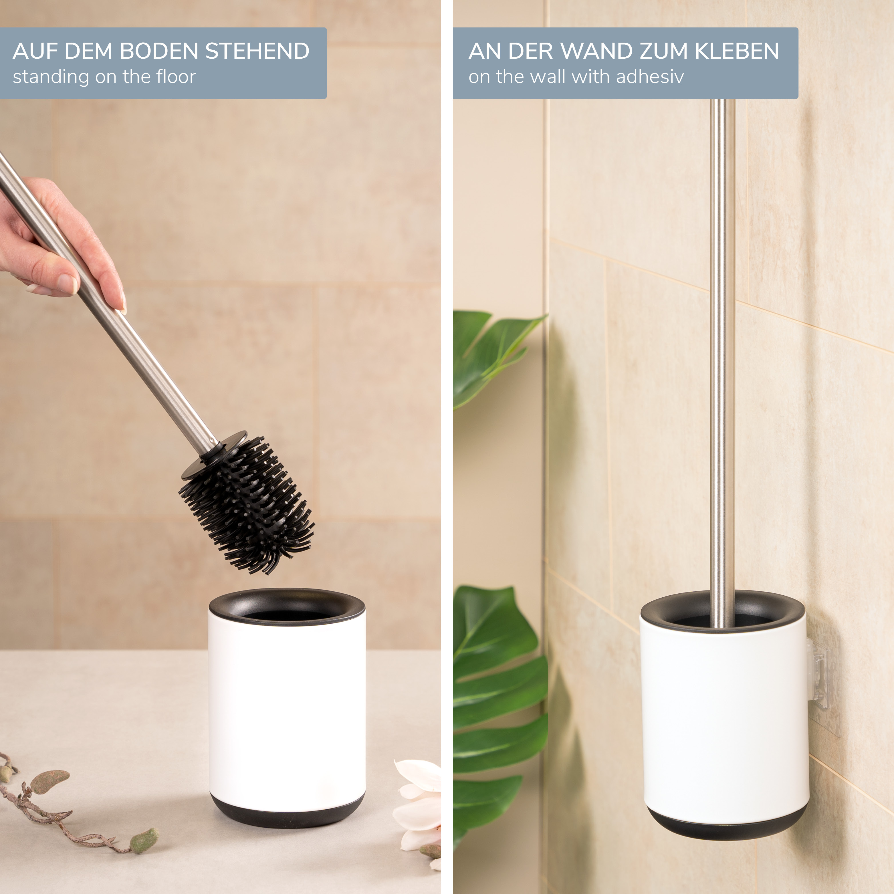 WC-Garnitur BARBENA, weiß, mit flexibler 3in1 Bürste aus elastischem TPR-Material mit Wandhalterung // WC-Bürste Edelstahlgriff 