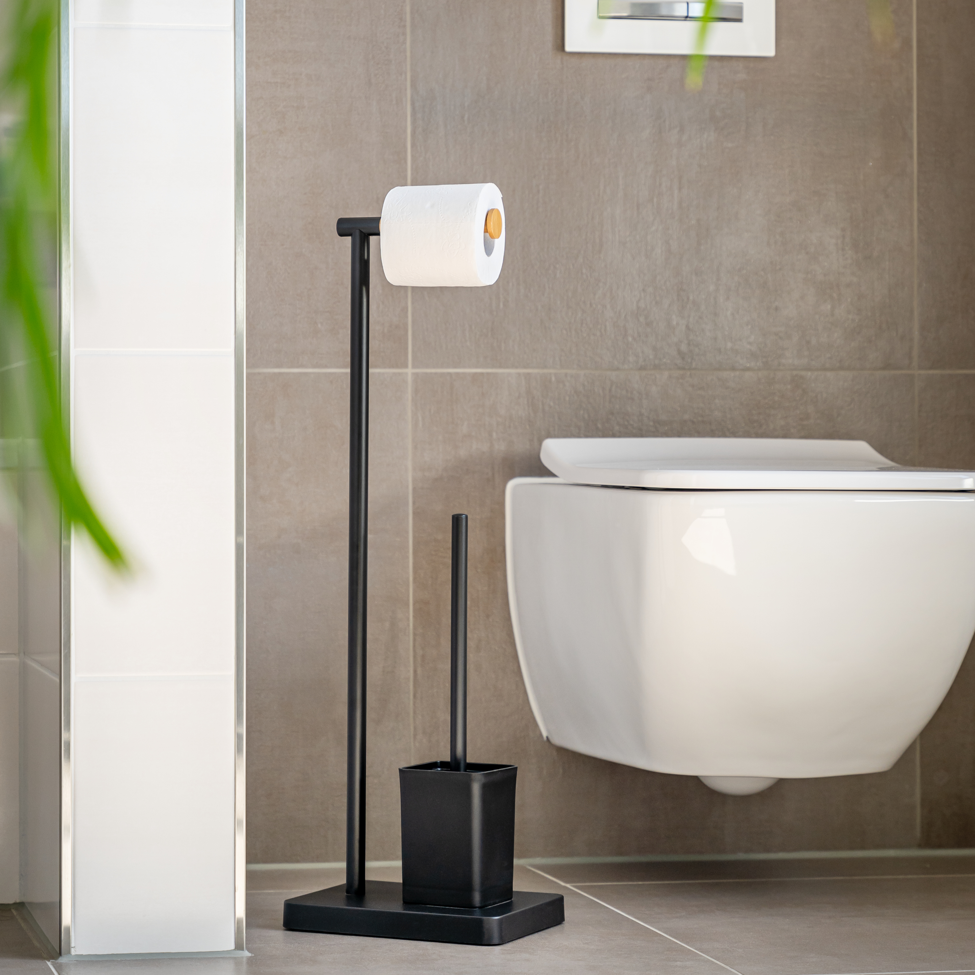Stand-WC-Garnitur 2in1, WC-Bürste, WC-Rollenhalter, schwarz/Bambus