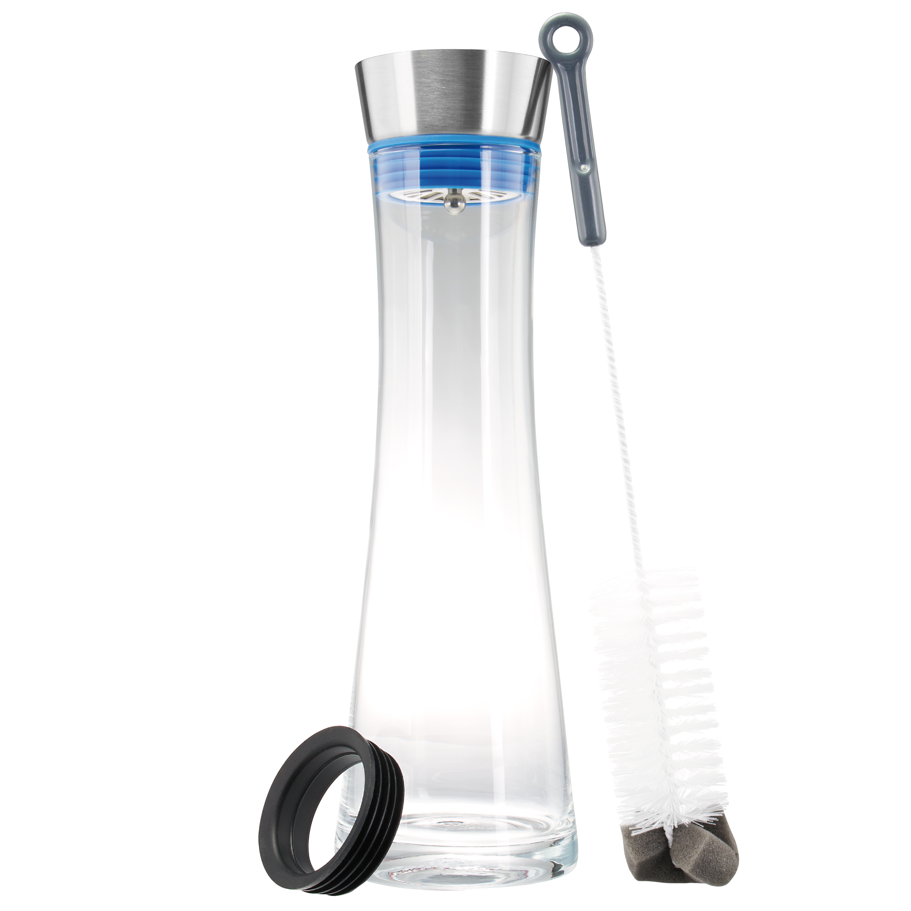 bremermann Glaskaraffe SVEA 1,2 Liter mit Edelstahlausgießer, Silikonring in blau