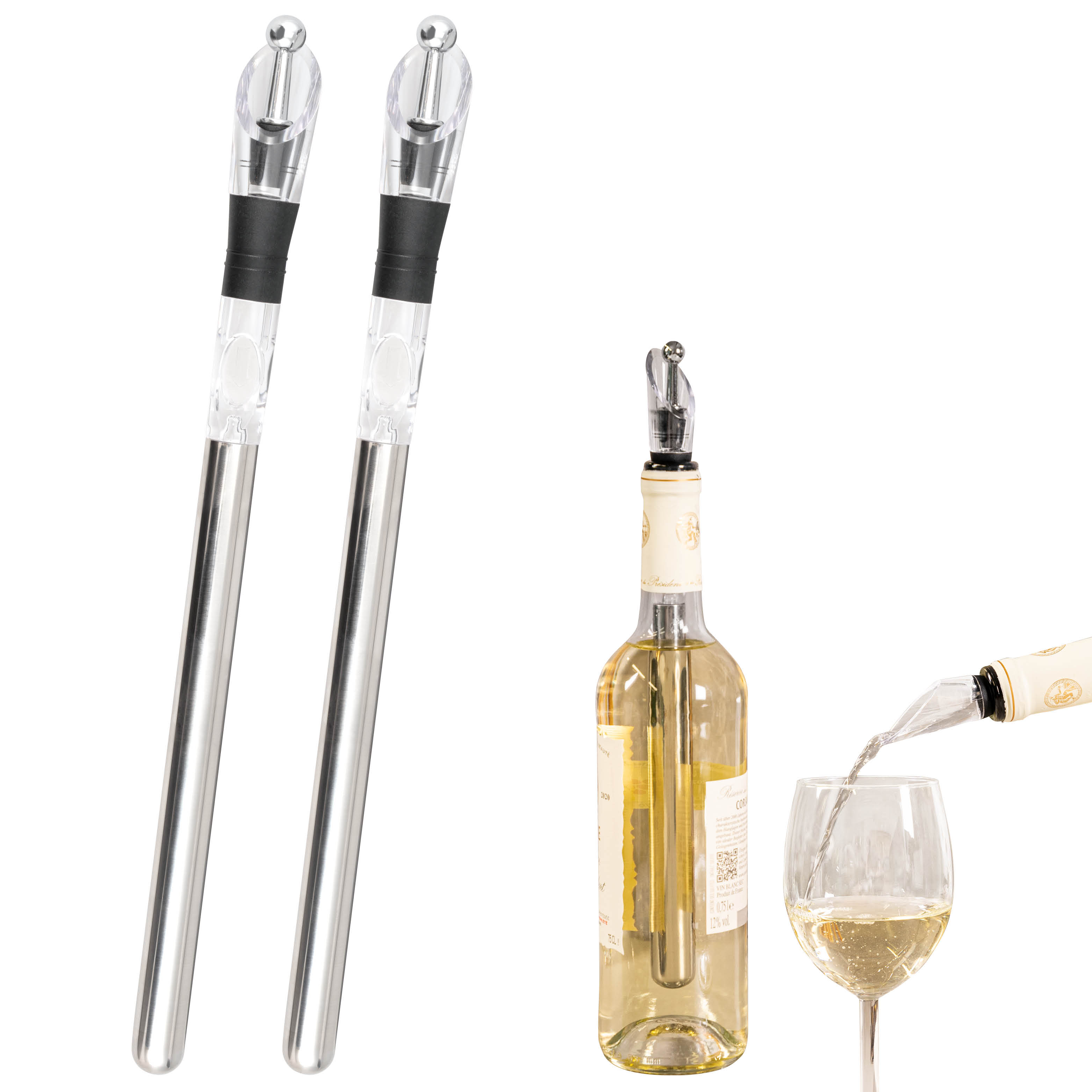 Wein-Ausgießer 2er-Set mit Edelstahl-Kühlstab und Weinverschluss, Weinkühler, Weinausgießer