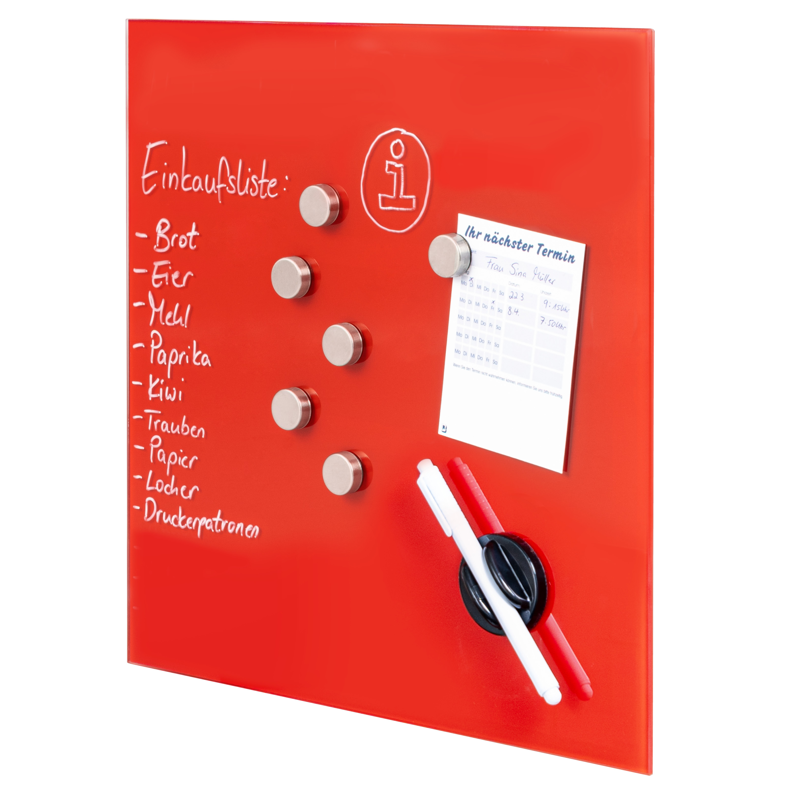 Magnettafel mit roter Glasfront, beschreibbar, 6 Magnete, 1 Marker, 1 Marker-Halter, Memo-Board