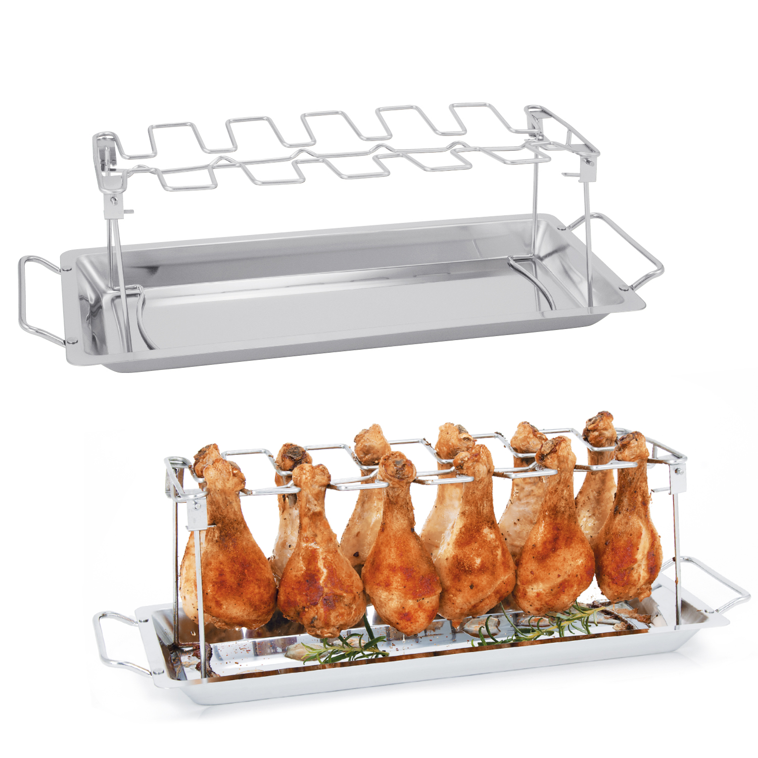 bremermann 2x Hähnchenschenkel-Halter für je 12 Keulen oder Chicken Wings, inkl. Auffangschale, aus Edelstahl, klappbar
