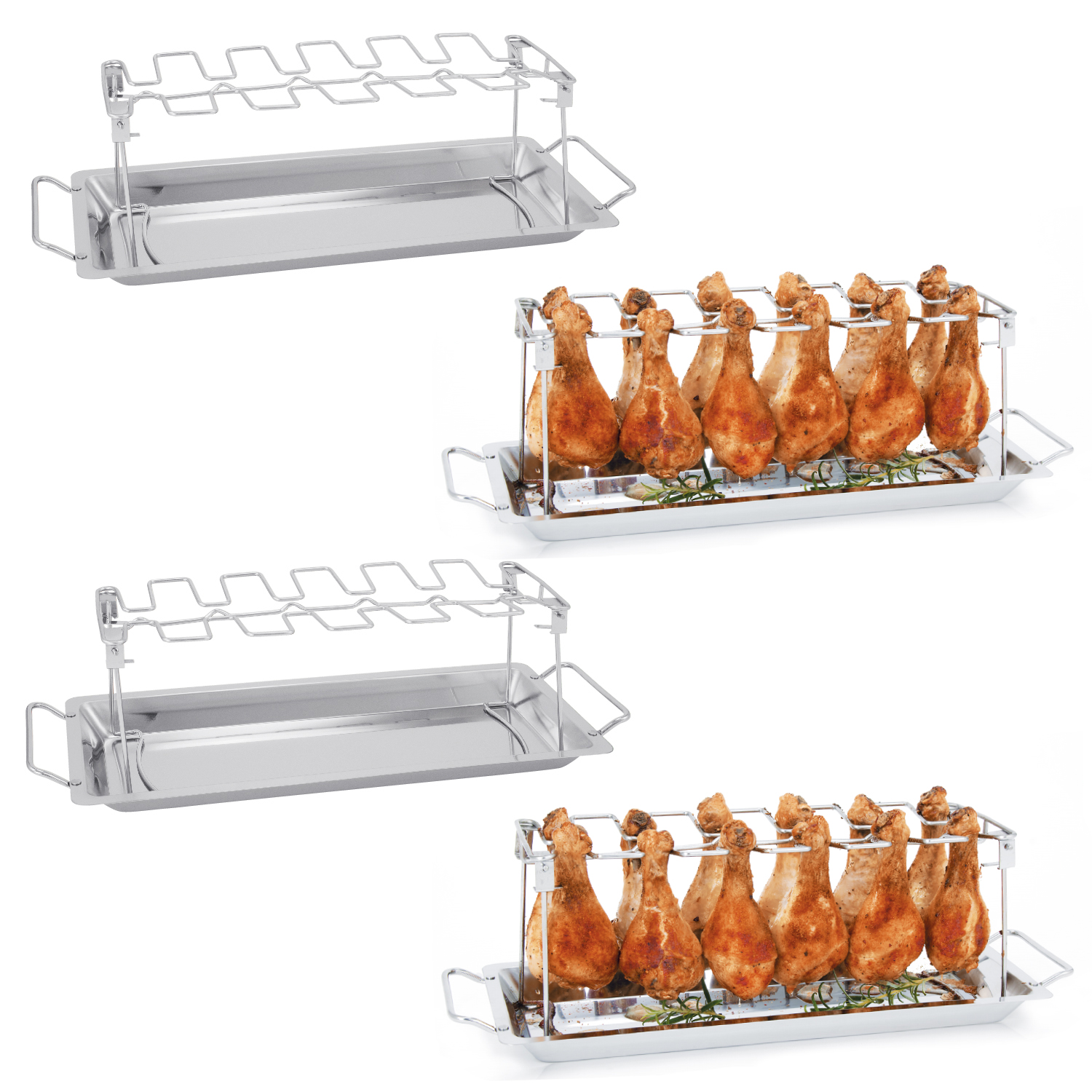 bremermann 4x Hähnchenschenkel-Halter für je 12 Keulen oder Chicken Wings, inkl. Auffangschale, aus Edelstahl, klappbar