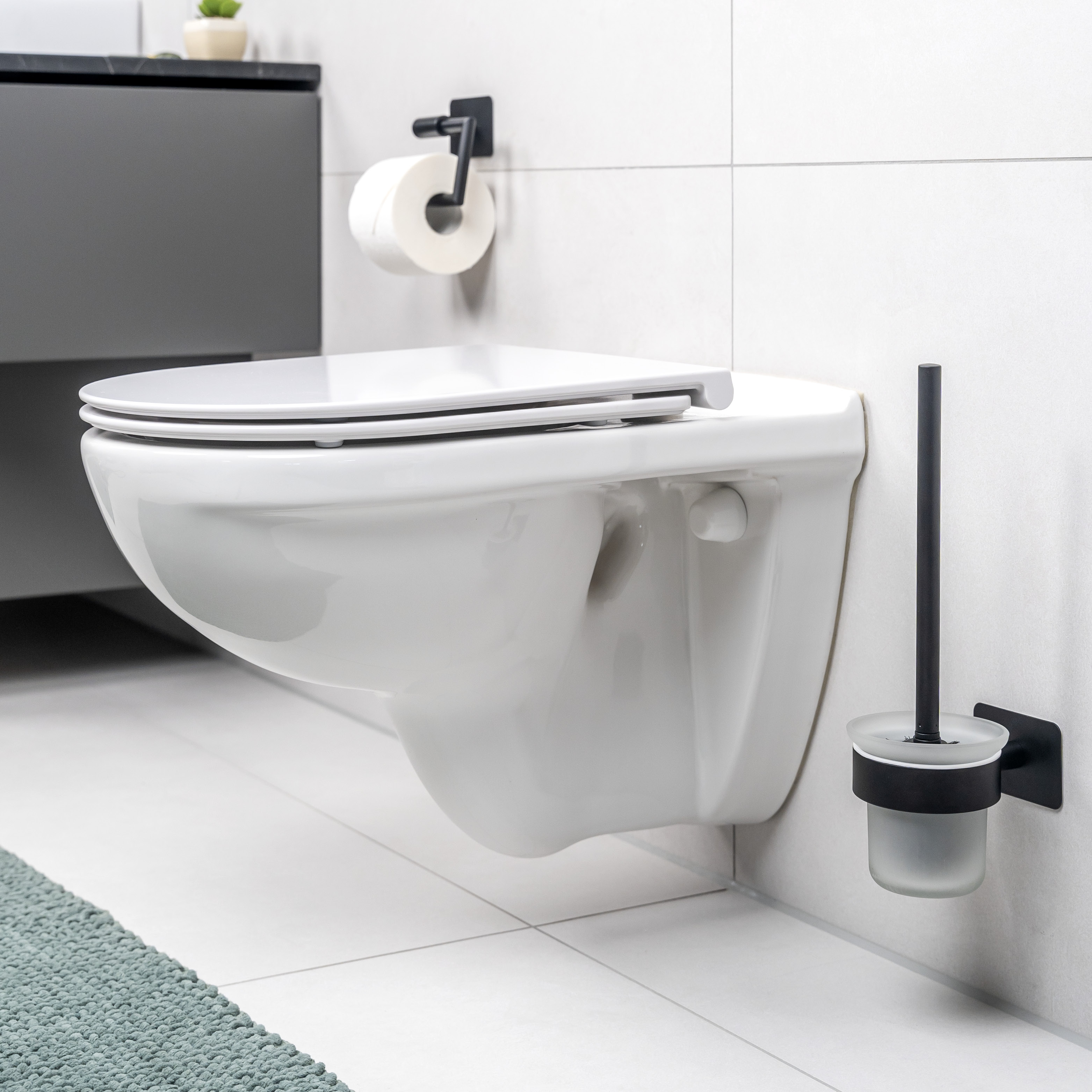 Bad-Serie PIAZZA BLACK TAPE - WC-Garnitur selbstklebend Glas & Edelstahl, schwarz - kein Bohren 3M Klebebefestigung