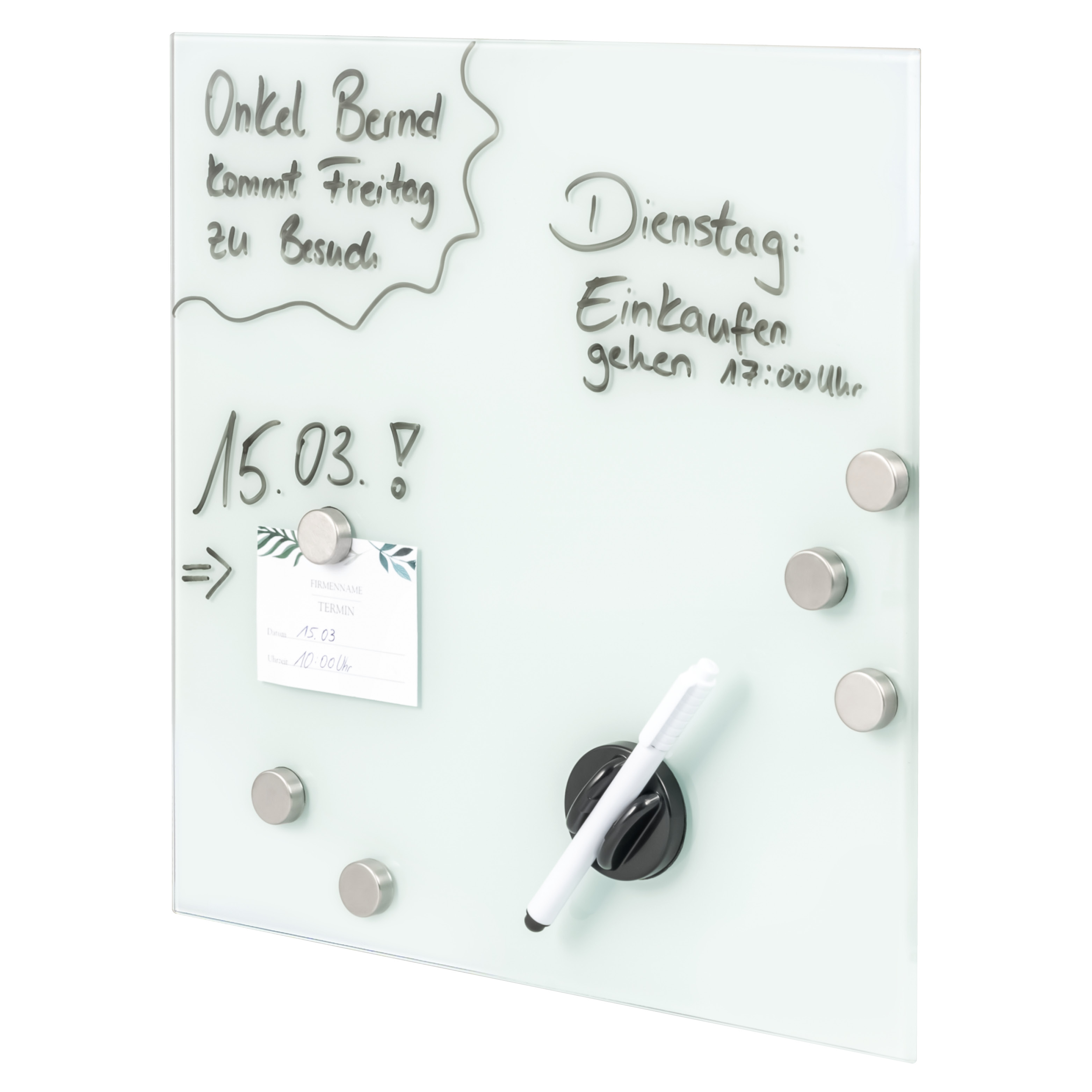 Magnettafel mit weißer Glasfront, beschreibbar, 6 Magnete, 1 Marker, 1 Marker-Halter, Memo-Board