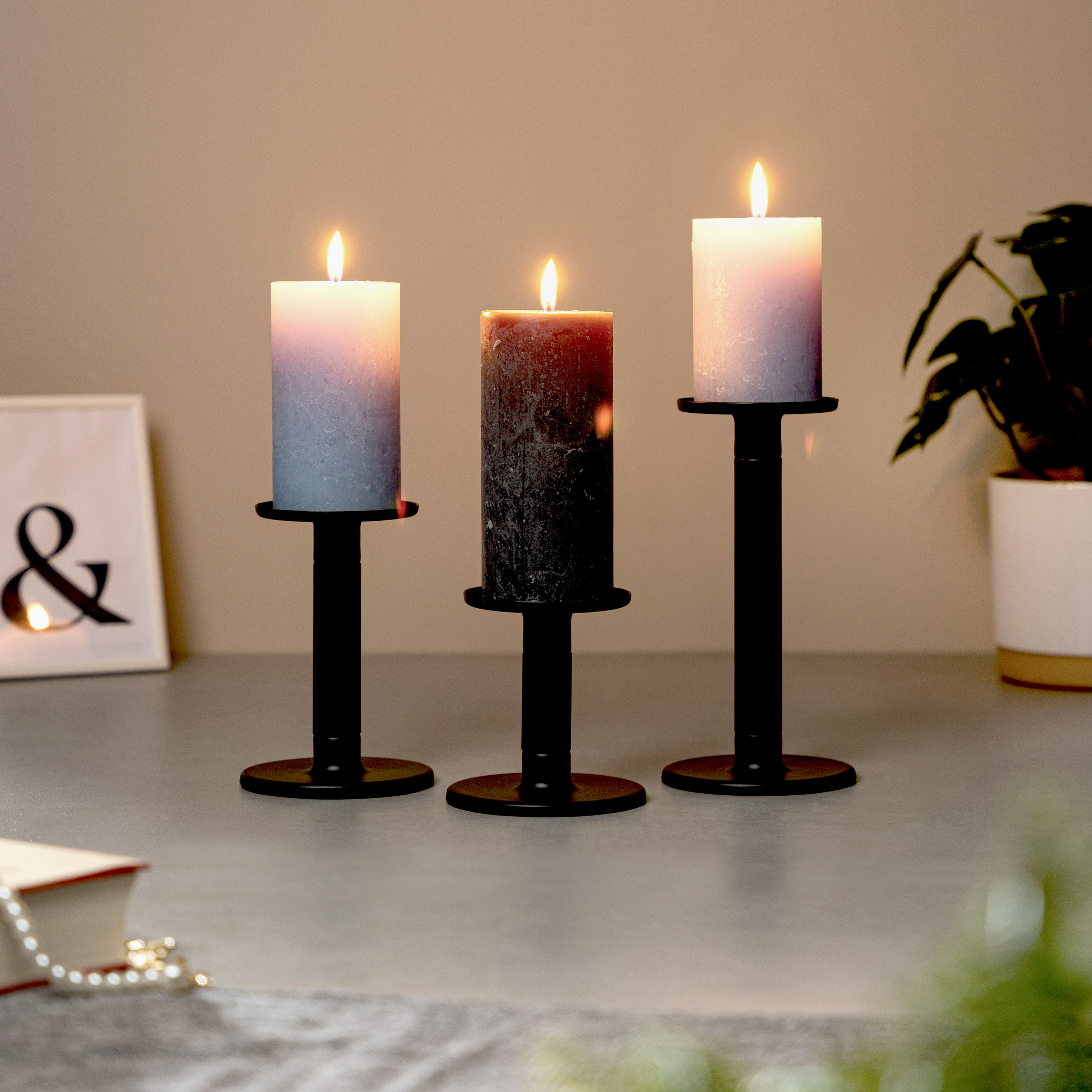 3er-Set Kerzenhalter 2in1, Kerzenständer, Metall, schwarz matt
