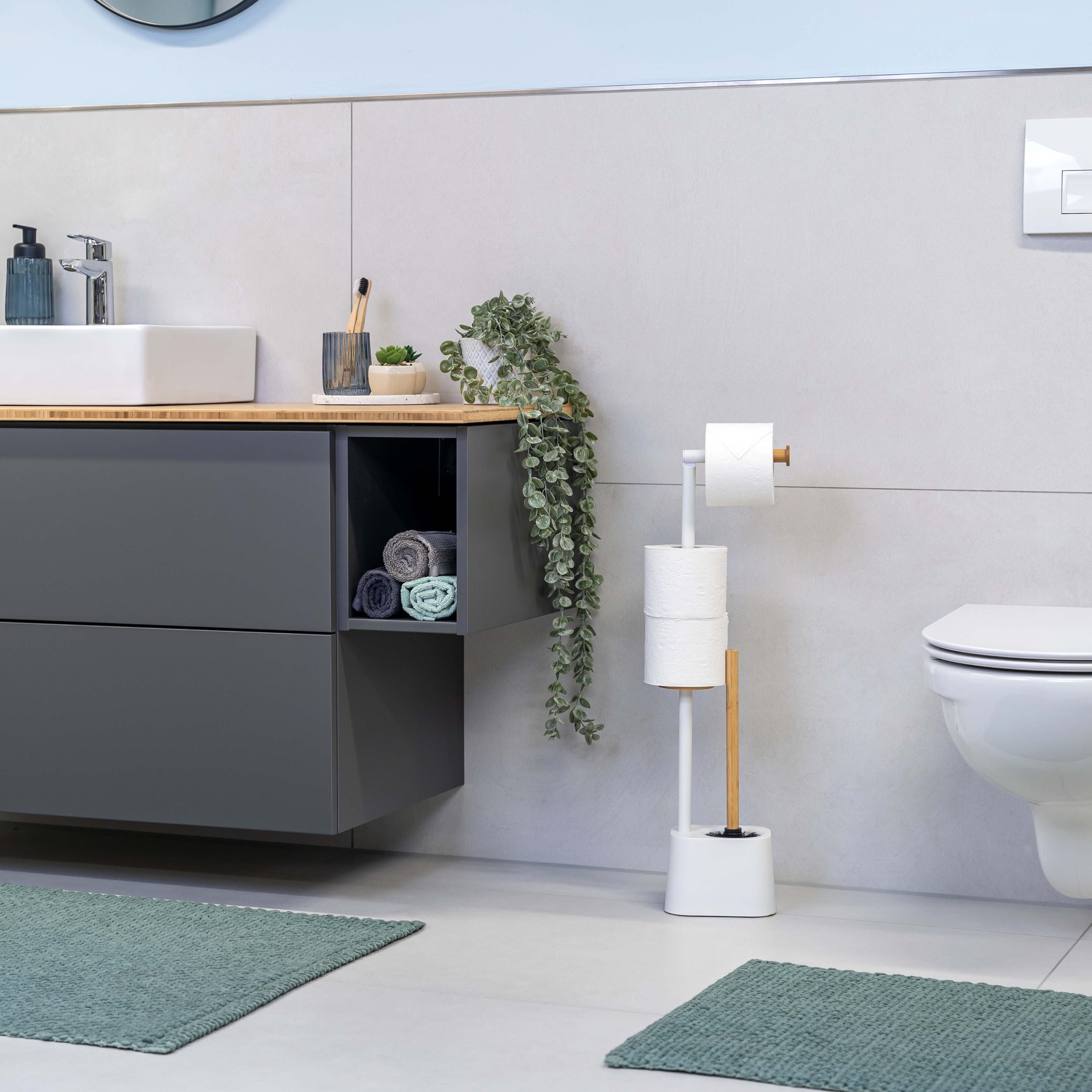 WC-Garnitur 3in1 inkl. Rollenhalter, WC-Bürste und Ersatzrollenhalter | Bambus & Edelstahl rostfrei, inkl. 2 Ersatzbürstenköpfe | WC-Ständer weiß