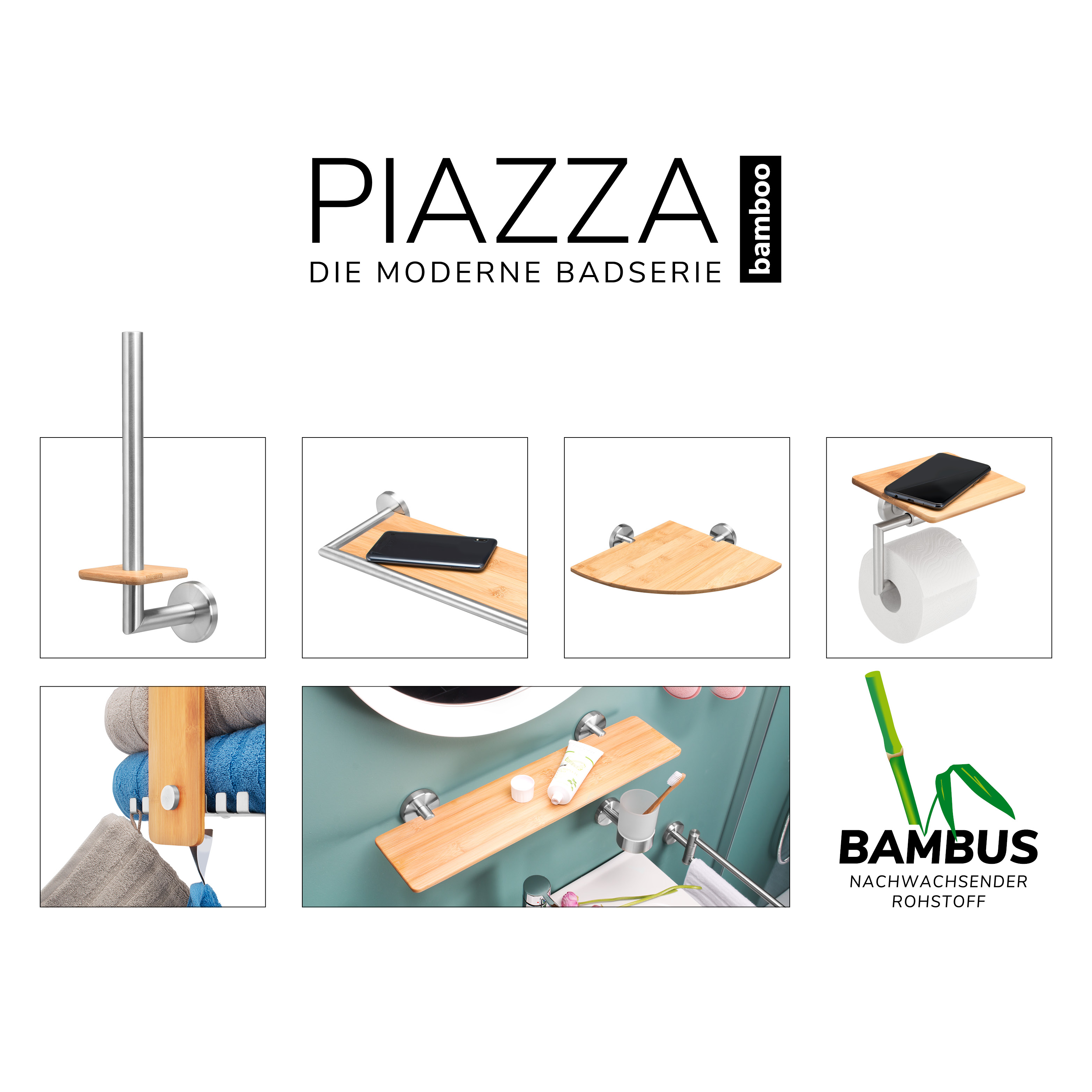 Bad-Serie PIAZZA BAMBUS Handtuchhalter, für Handtücher und Gästehandtücher, Bambus und Edelstahl