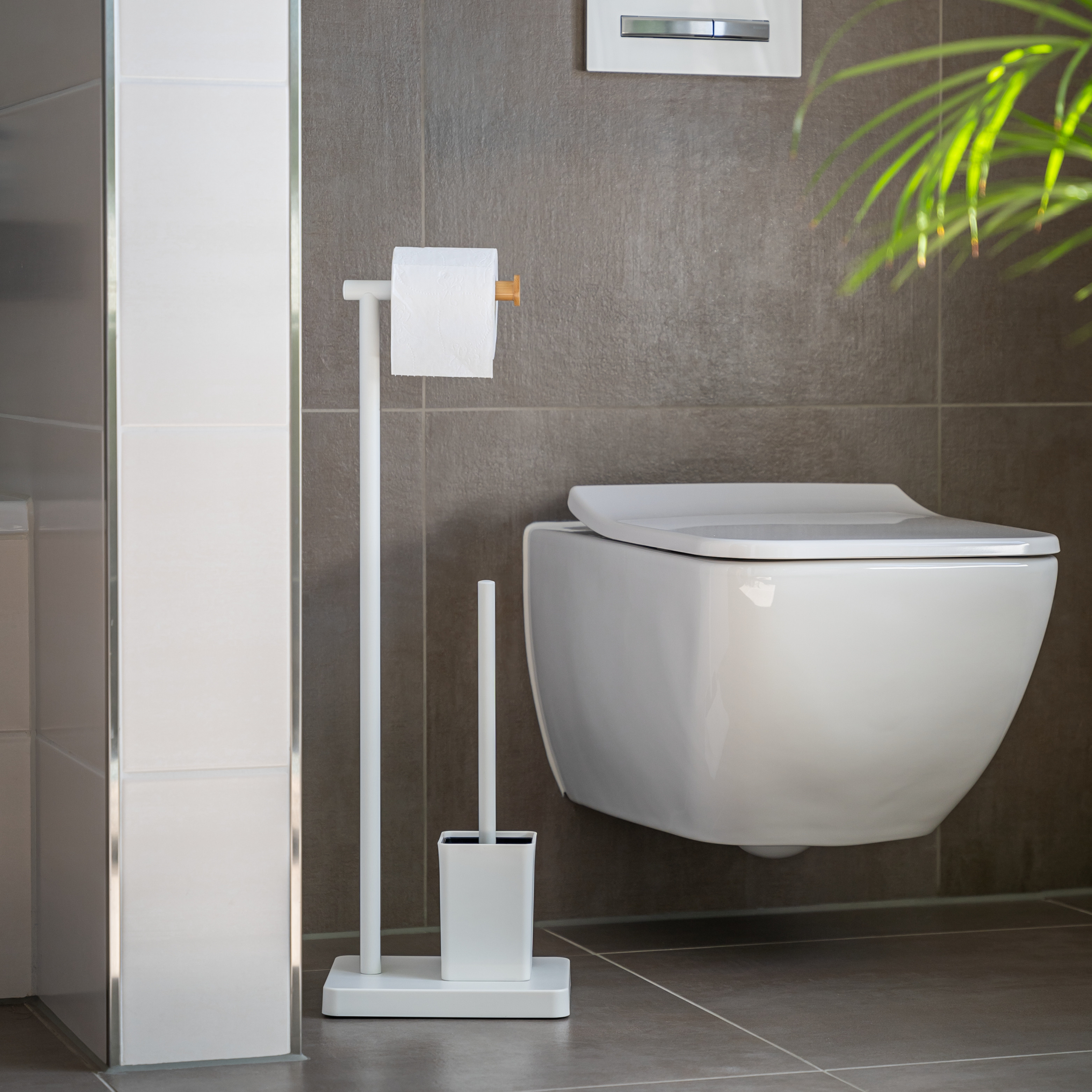 Stand-WC-Garnitur 2in1, WC-Bürste, WC-Rollenhalter, weiß/Bambus