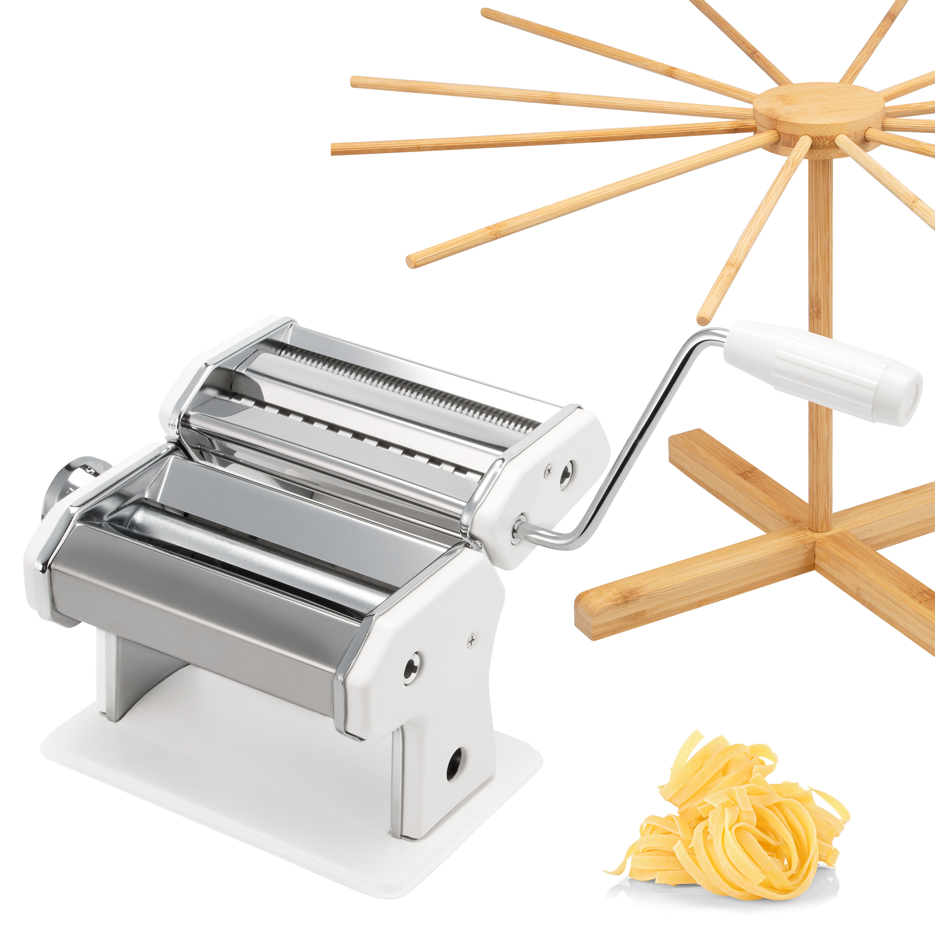 Nudelmaschine für Spaghetti, Pasta und Lasagne inkl. Nudeltrocker aus Bambus als Set, weiß