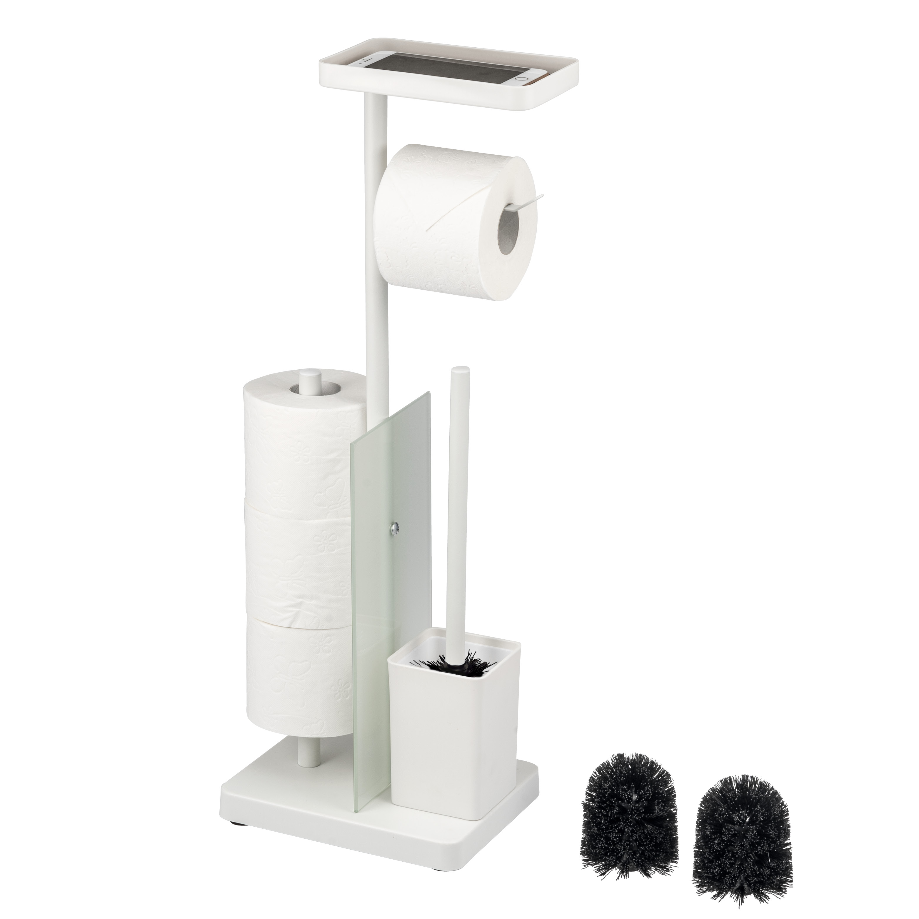 Stand WC-Garnitur 4in1, WC-Bürste, Rollenhalter, Ablage Glas/Metall weiß