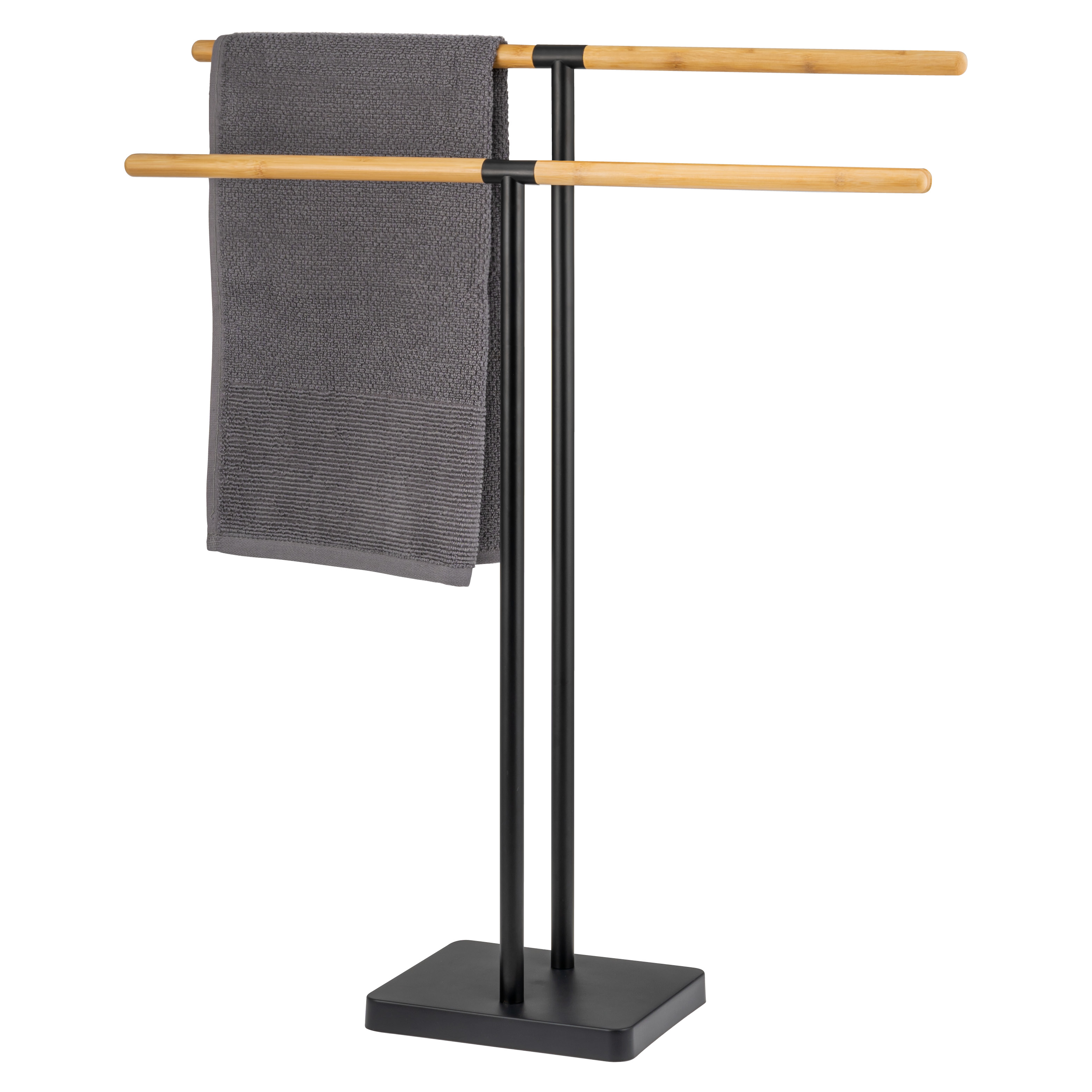 eluno Stand-Handtuchhalter freistehend, 2 Stangen, Handtuchständer, Bambus/Metall, schwarz