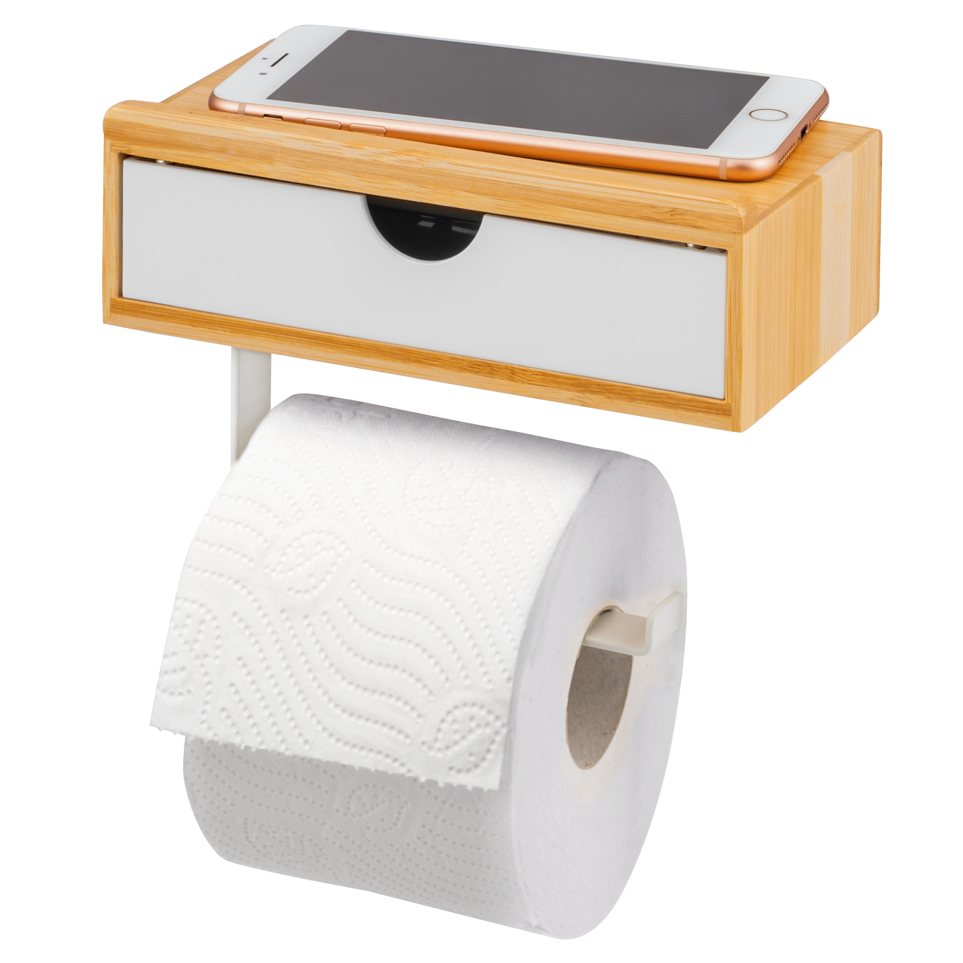 Toilettenpapierhalter, 3in1-Funktion, Feuchttücherbox, Ablage, Bambus/Metall, weiß