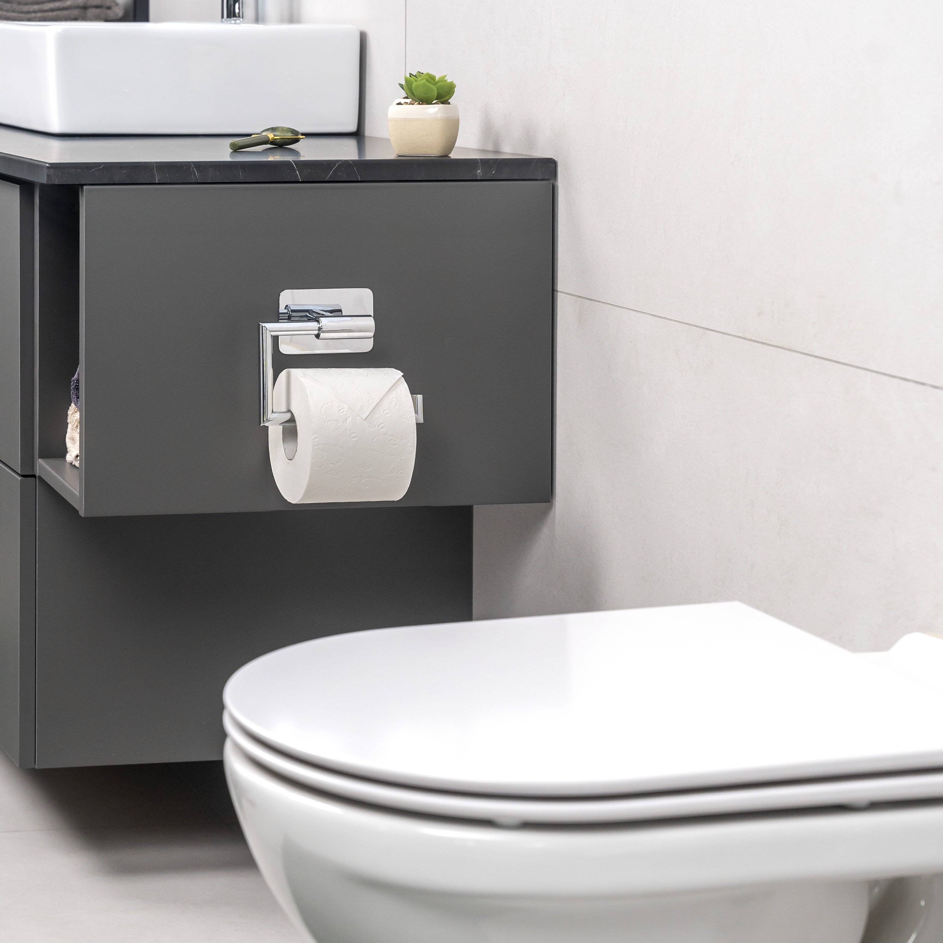Bad-Serie LUCENTE TAPE - Toilettenpapierhalter, Papierrollenhalter selbstklebend Edelstahl, verchromt - kein Bohren 3M Klebebefestigung