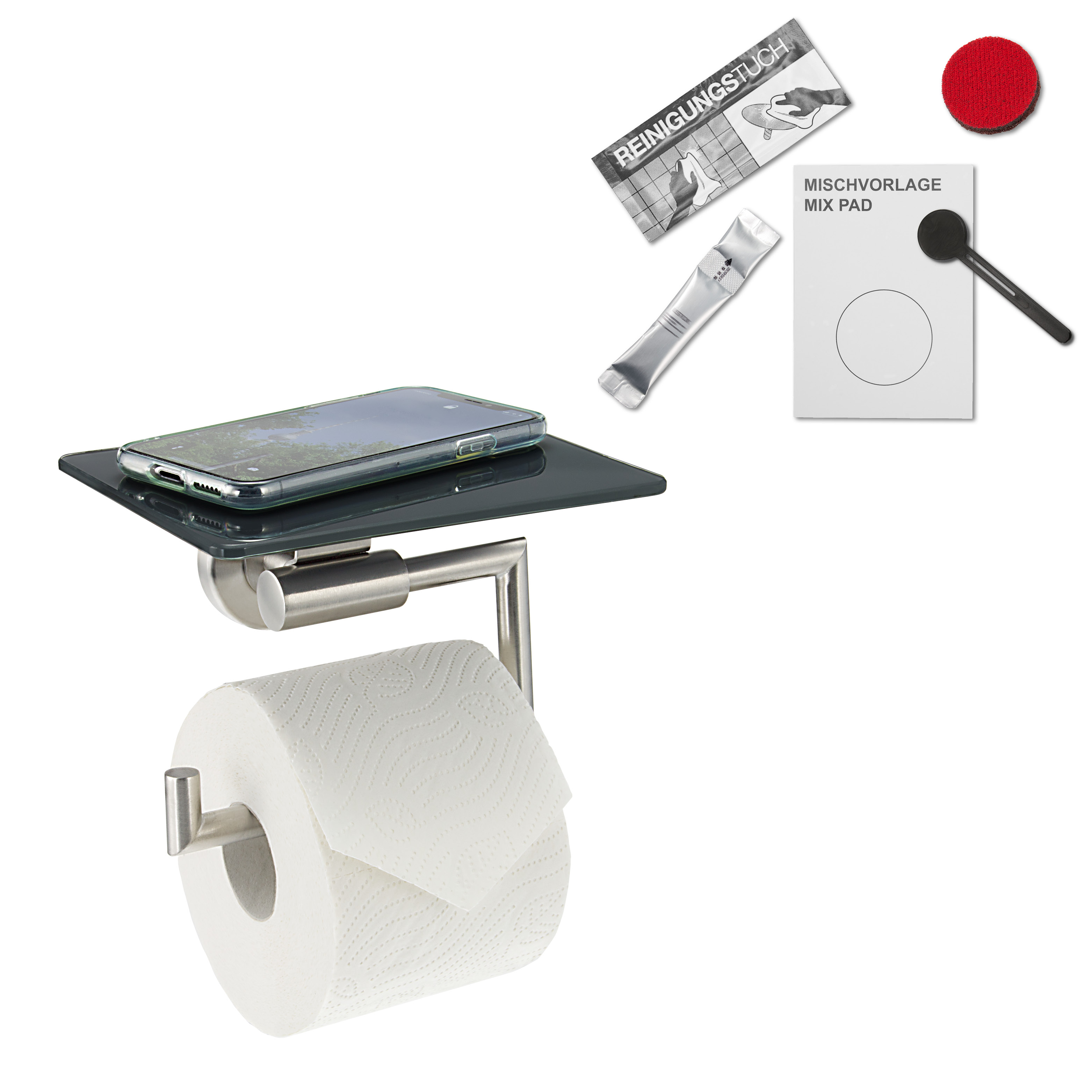 Bad-Serie PIAZZA - Toilettenpapierhalter mit Ablage - grau, inkl. Klebeset, ohne Bohren