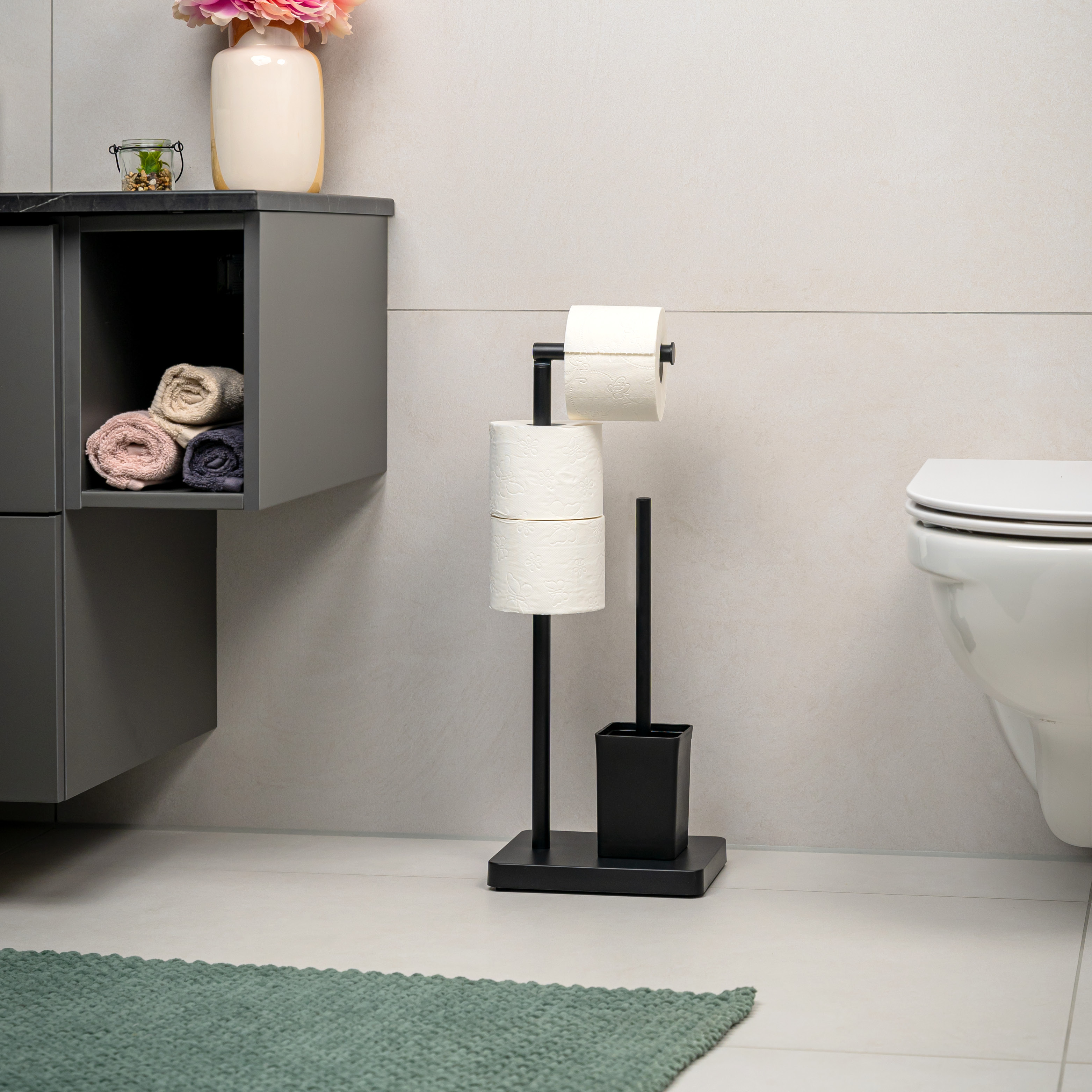 eluno Stand-WC-Garnitur 3in1, WC-Bürste, (Ersatz-)Rollenhalter, schwarz