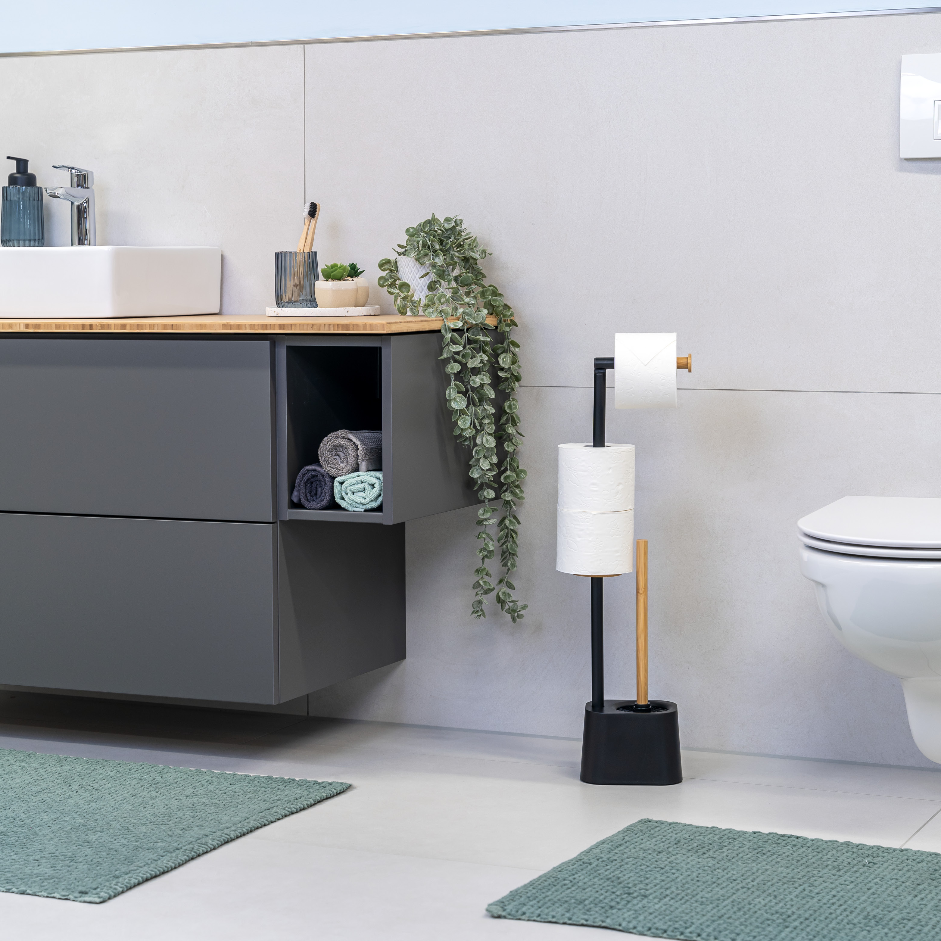 WC-Garnitur 3in1 inkl. Rollenhalter, WC-Bürste und Ersatzrollenhalter | Bambus & Edelstahl rostfrei, inkl. 2 Ersatzbürstenköpfe | WC-Ständer schwarz