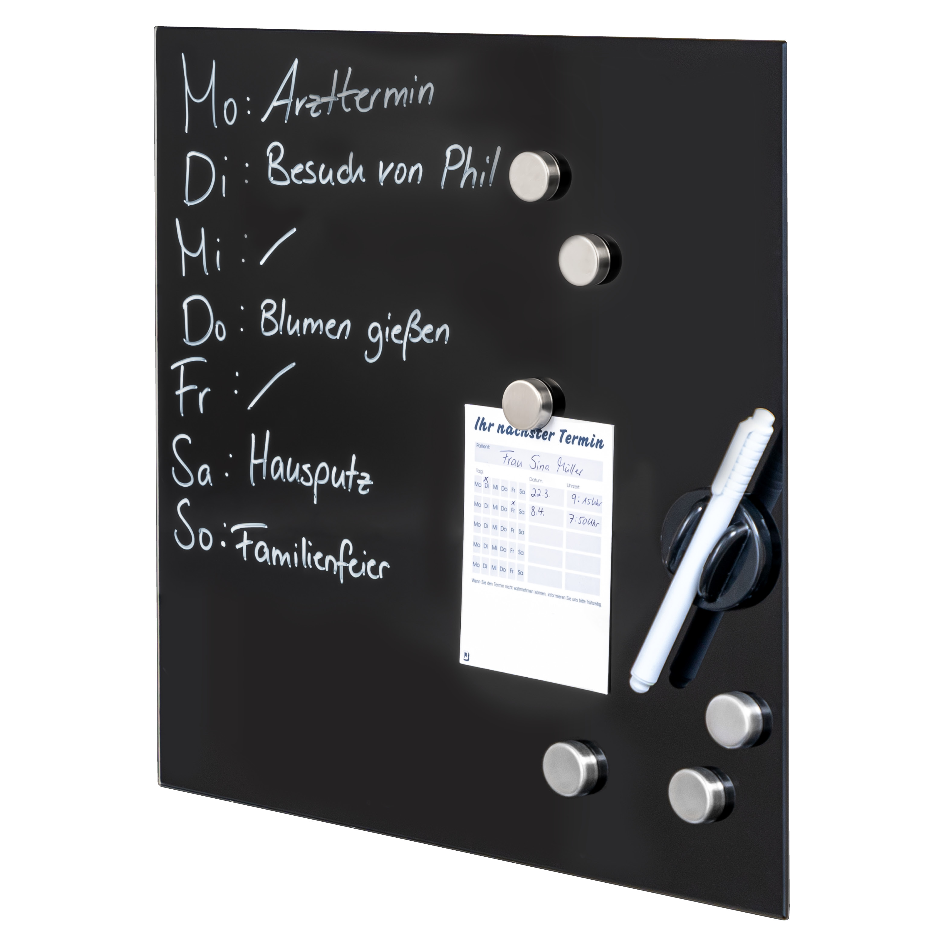 Magnettafel mit schwarzer Glasfront, beschreibbar, 6 Magnete, 1 Marker, 1 Marker-Halter, Memo-Board