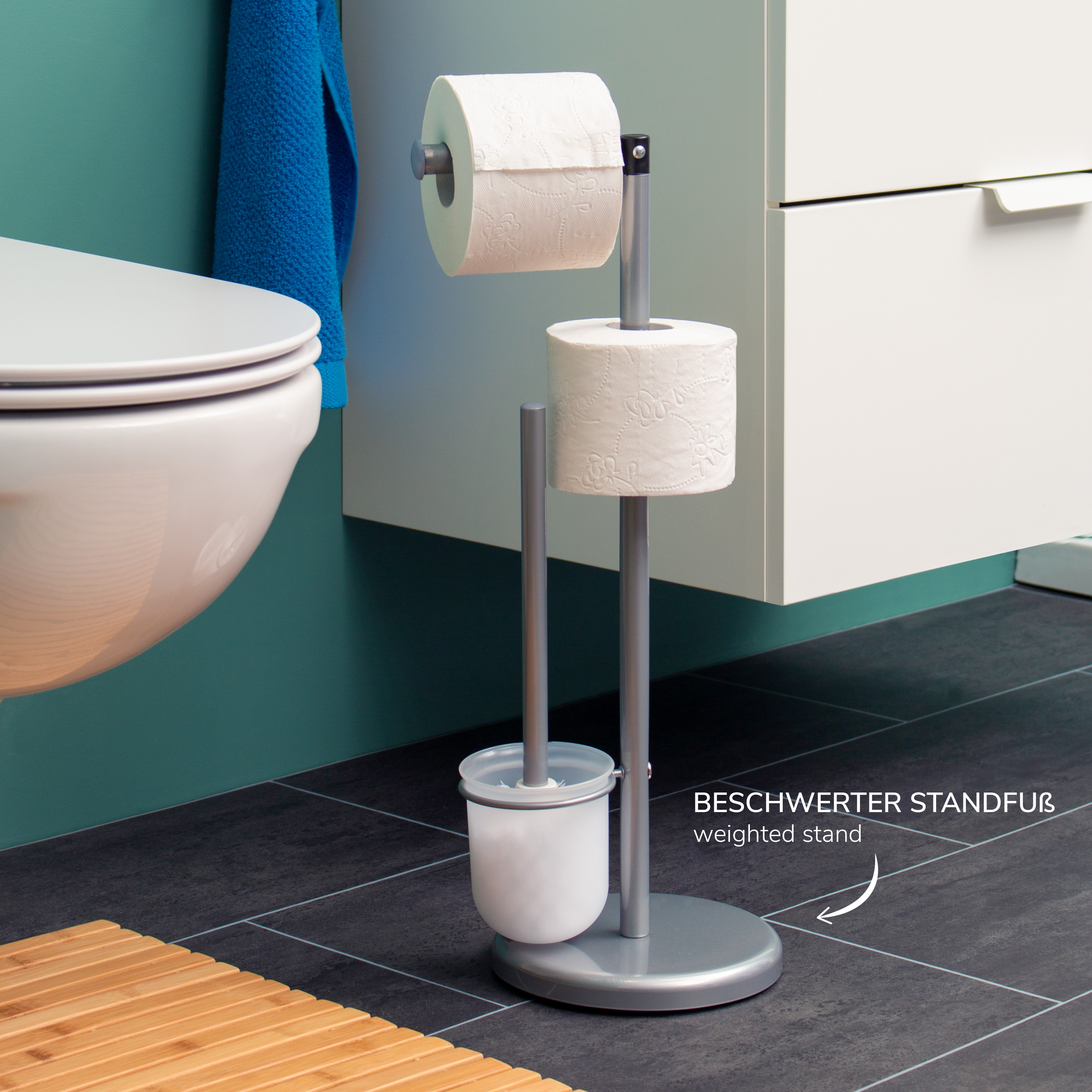 Stand-WC-Garnitur 3in1, WC-Bürste, (Ersatz-)Rollenhalter, grau