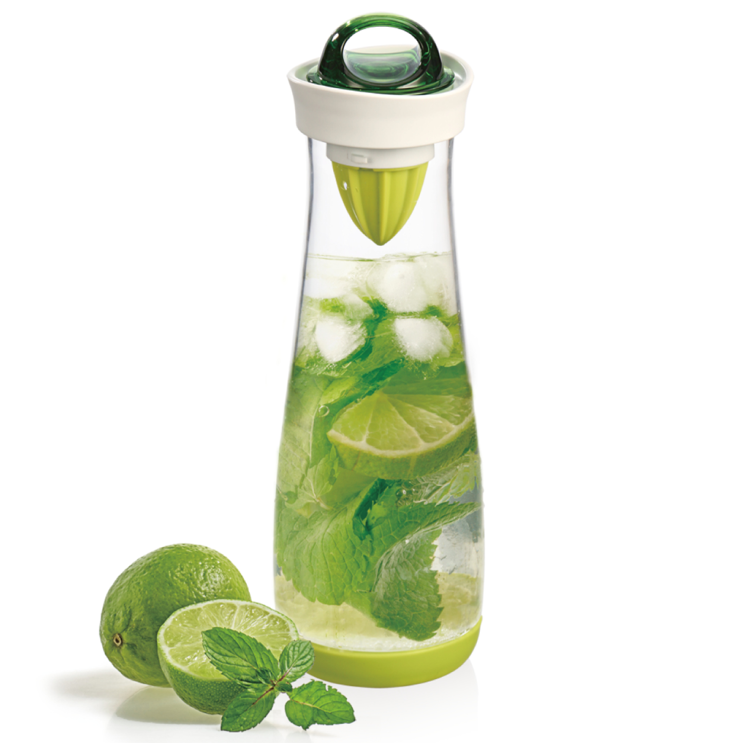 Getränkeflasche mit Infuserstab und Zitruspresse, Karaffe, Krug 1,1 Liter -  tropfsicher grün