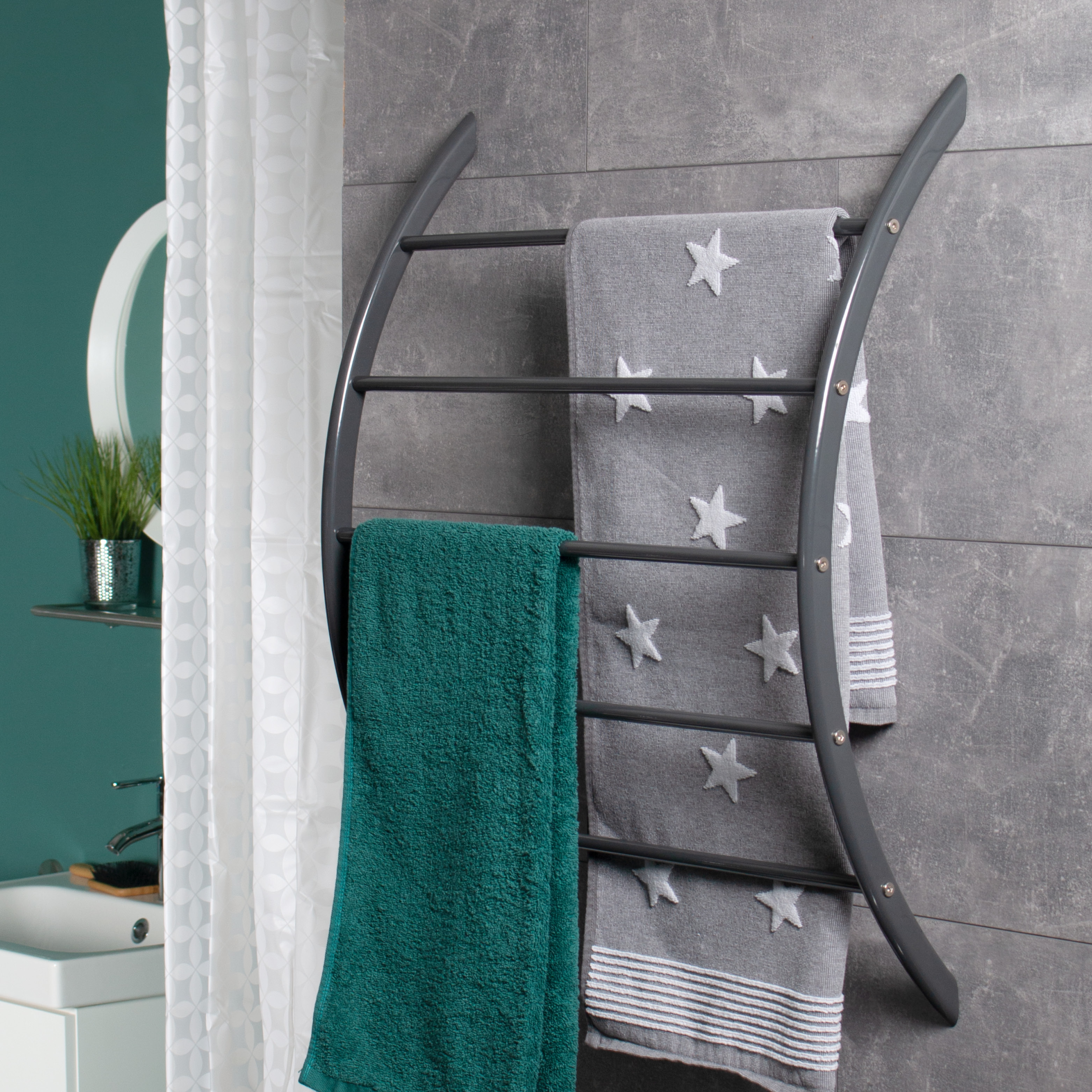 Handtuchhalter zur Wandmontage mit 5 Stangen aus Metall, grau lackiert