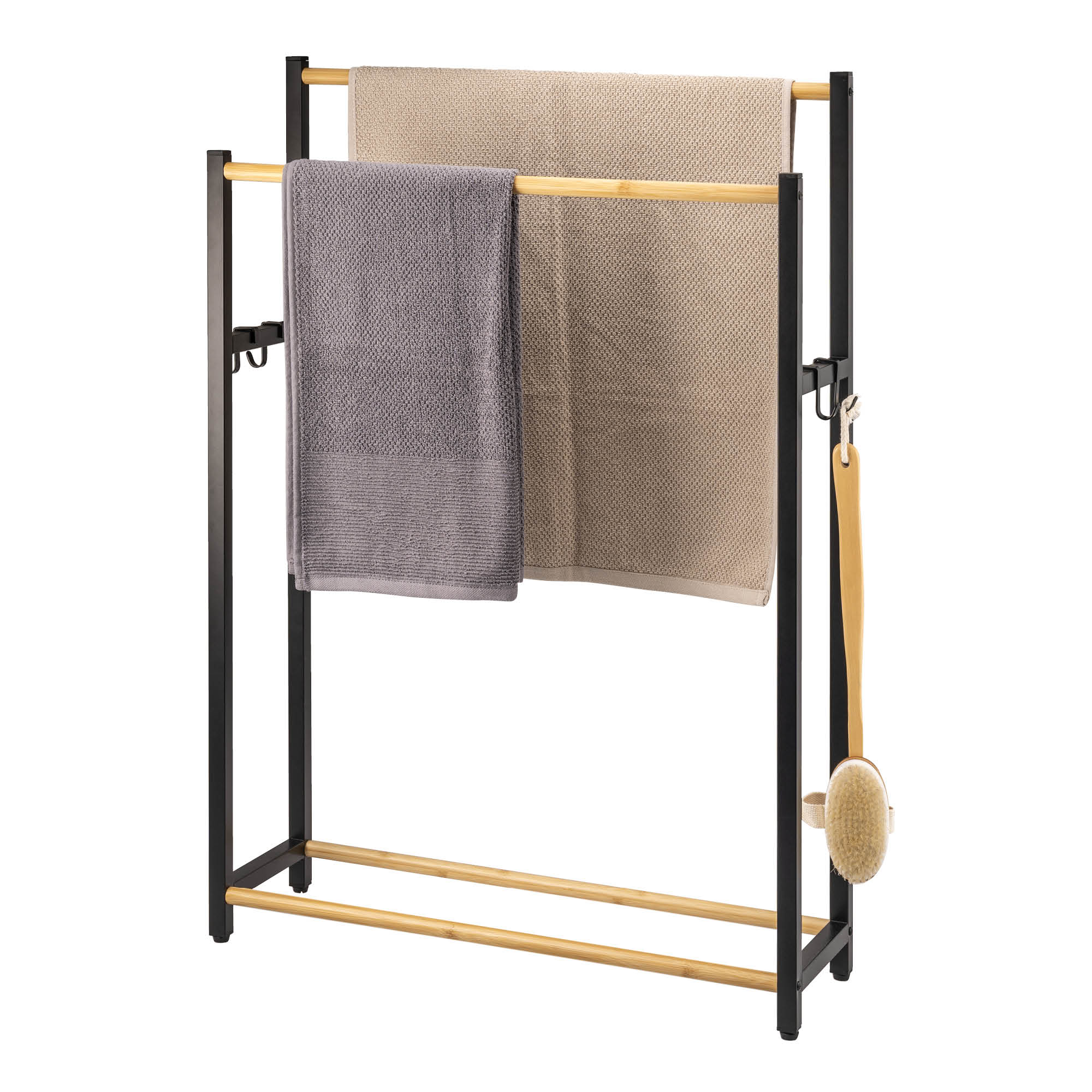 eluno Stand-Handtuchhalter aus mattschwarzem Metall mit Bambus, extra großer freistehender Handtuchständer für große Duschtücher, Badetuchhalter, mit 2 Handtuchstangen und 4 Haken