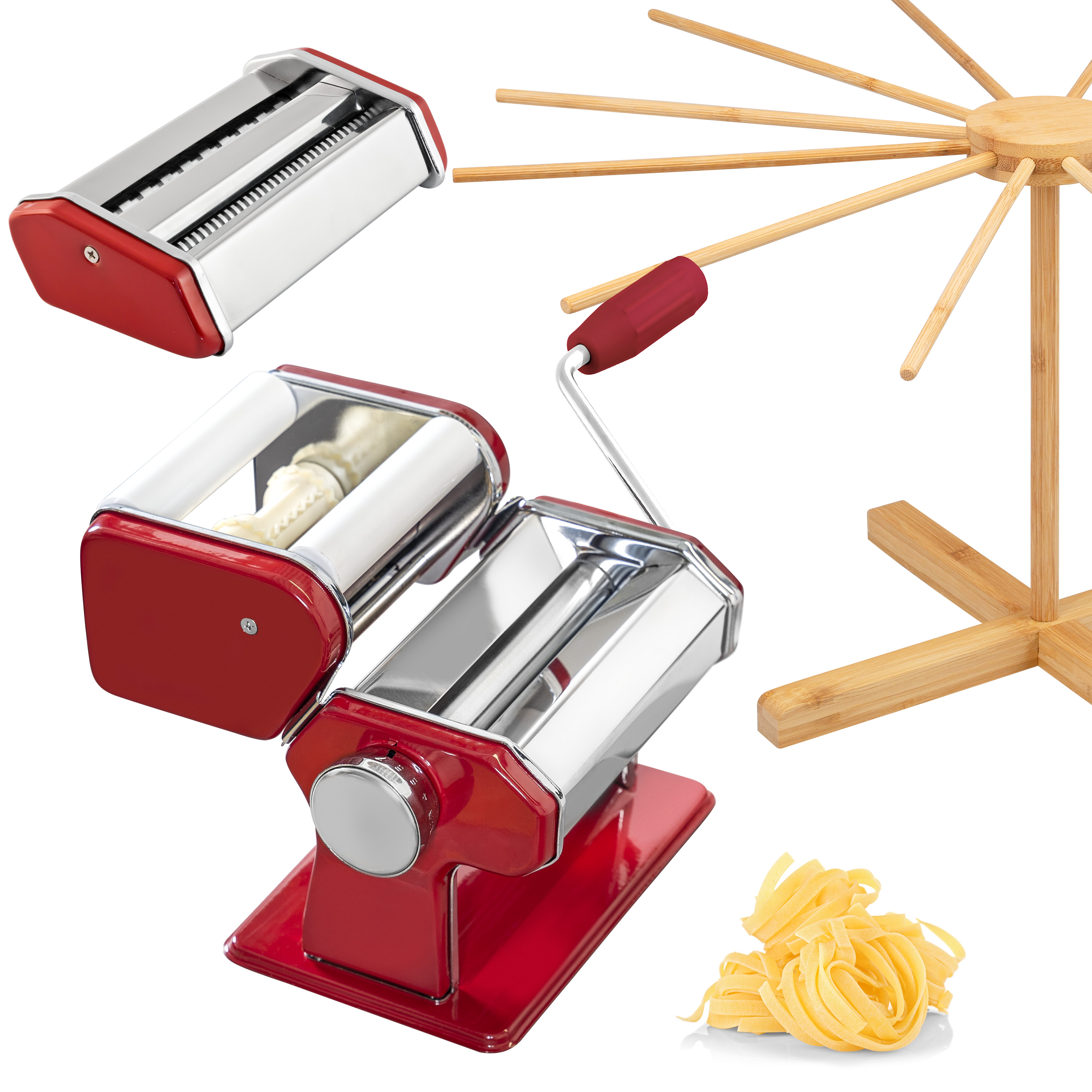 Nudelmaschine für Spaghetti, Pasta, Ravioli und Lasagne inkl. Nudeltrocker aus Bambus als Set, rot