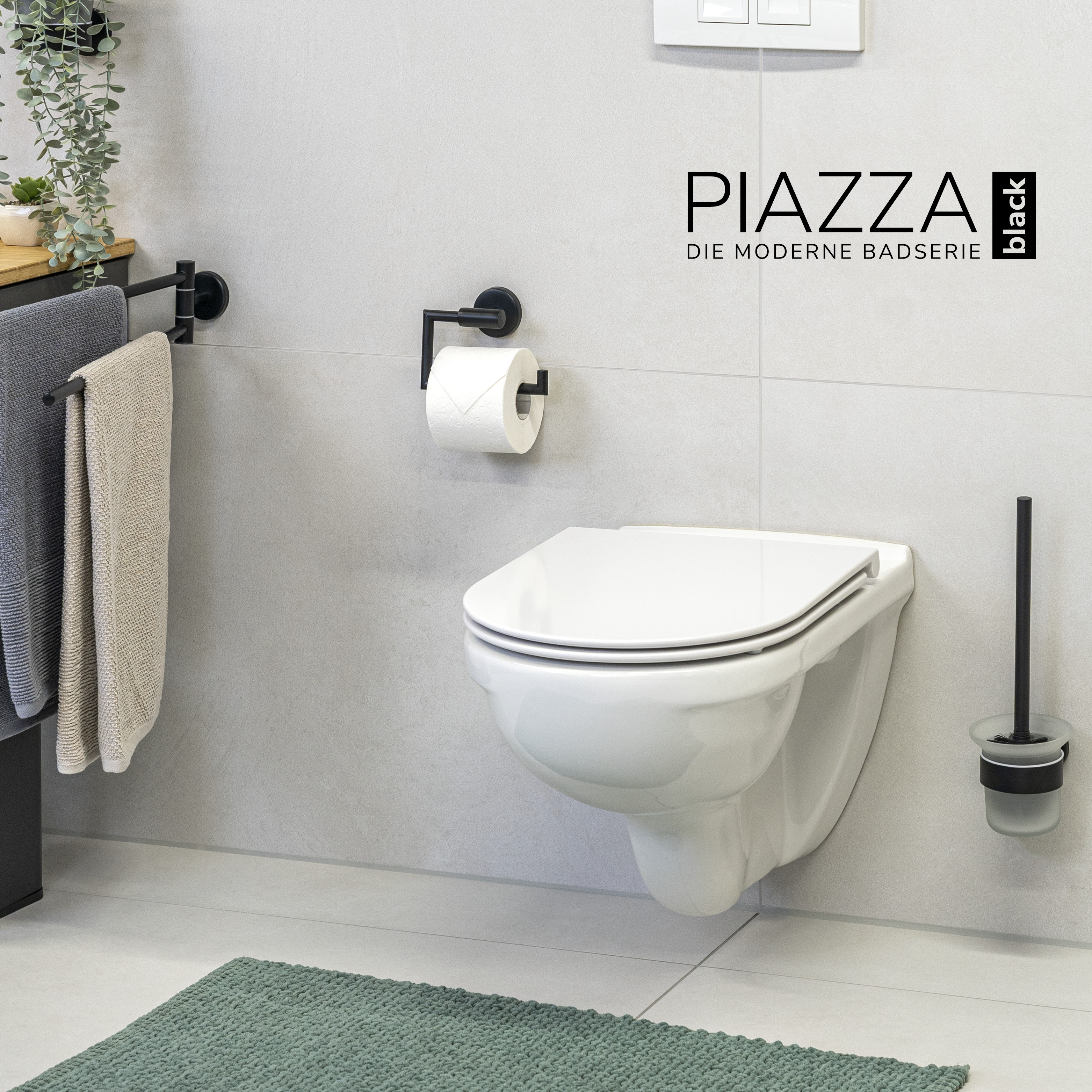 Bad-Serie PIAZZA BLACK - Toilettenpapierhalter, matt schwarz inkl. Klebeset, ohne Bohren