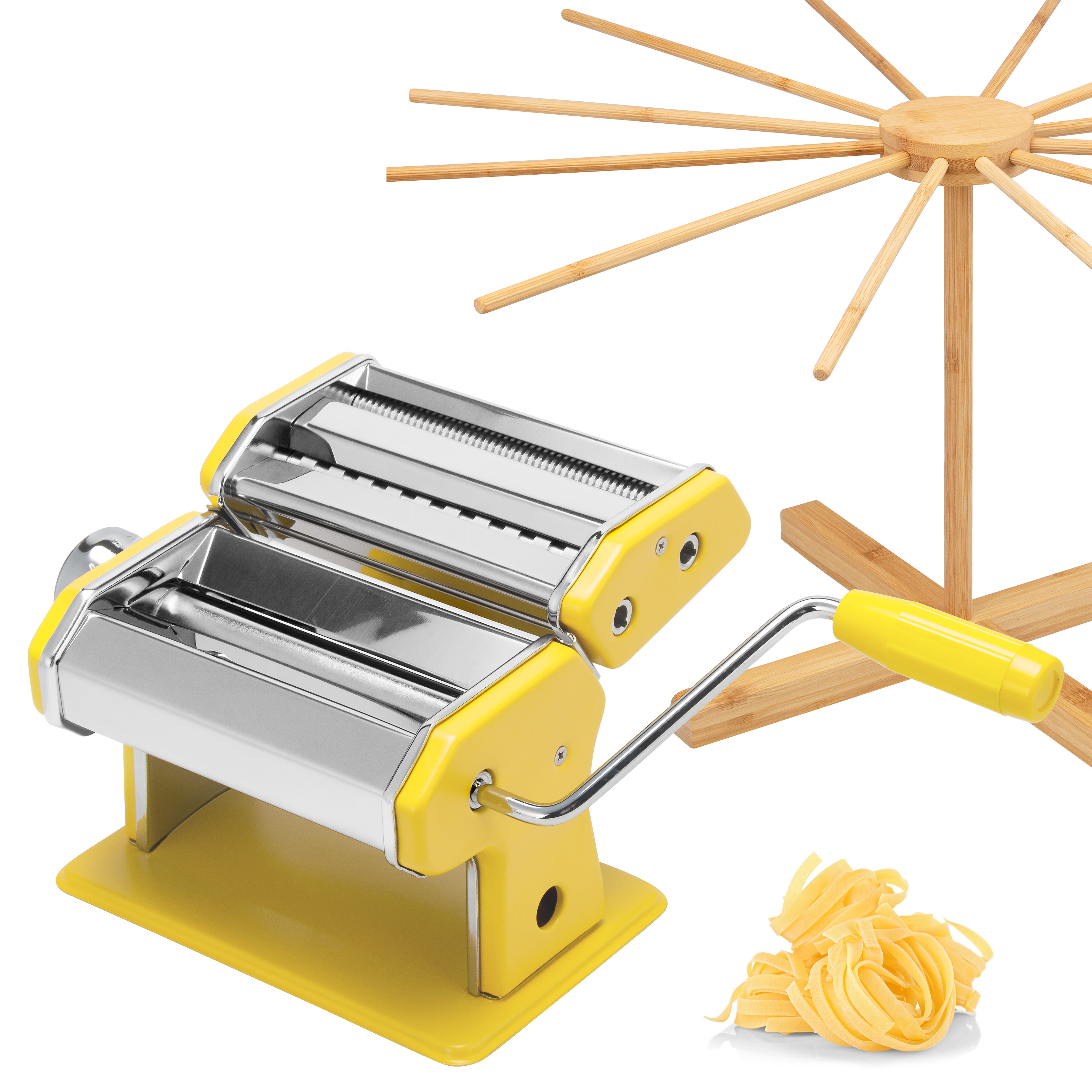 Nudelmaschine für Spaghetti, Pasta und Lasagne inkl. Nudeltrocker aus Bambus als Set, gelb