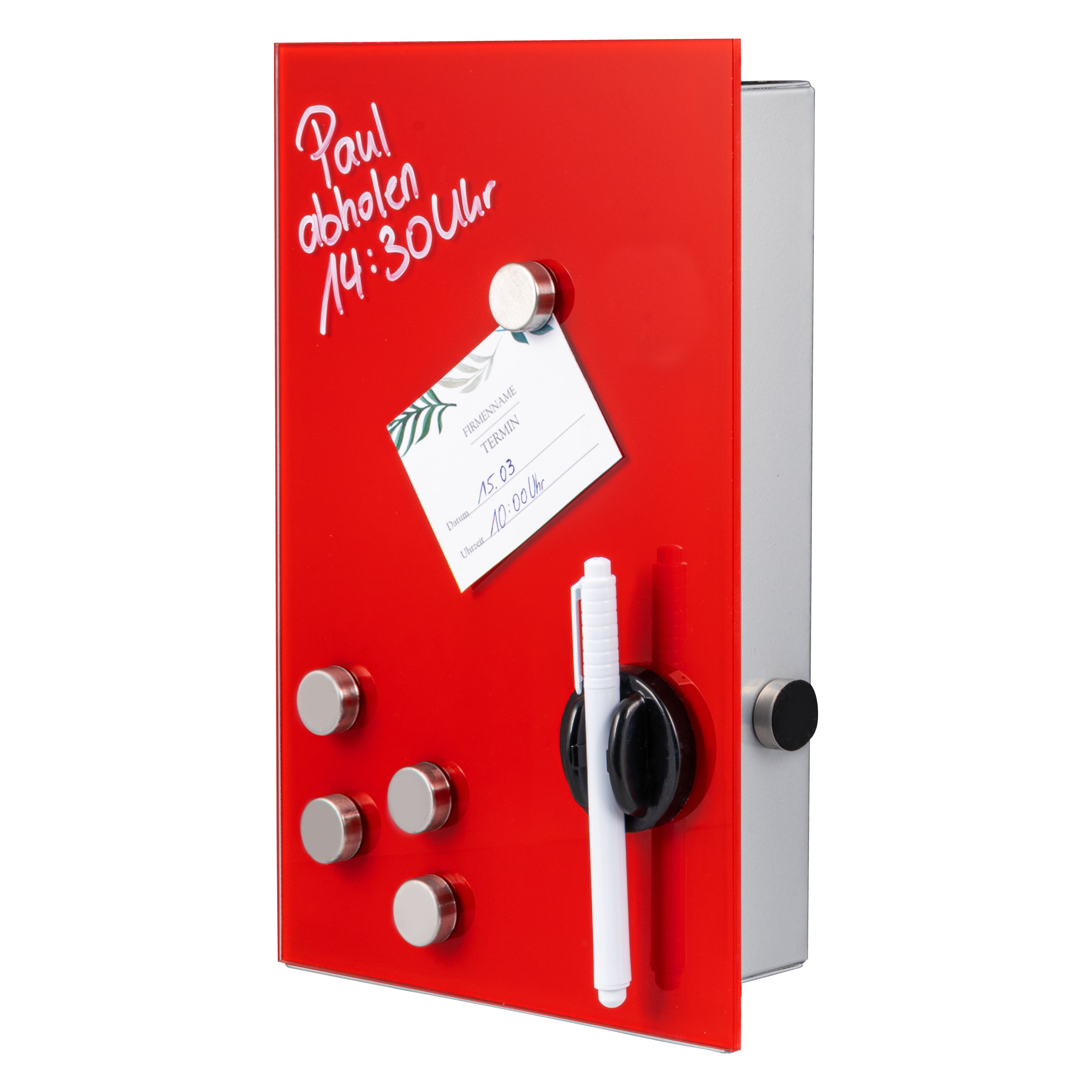 Schlüsselkasten mit roter Glasfront, beschreibbar, 8 Haken, 6 Magnete, 1 Marker,1 Marker-Halter