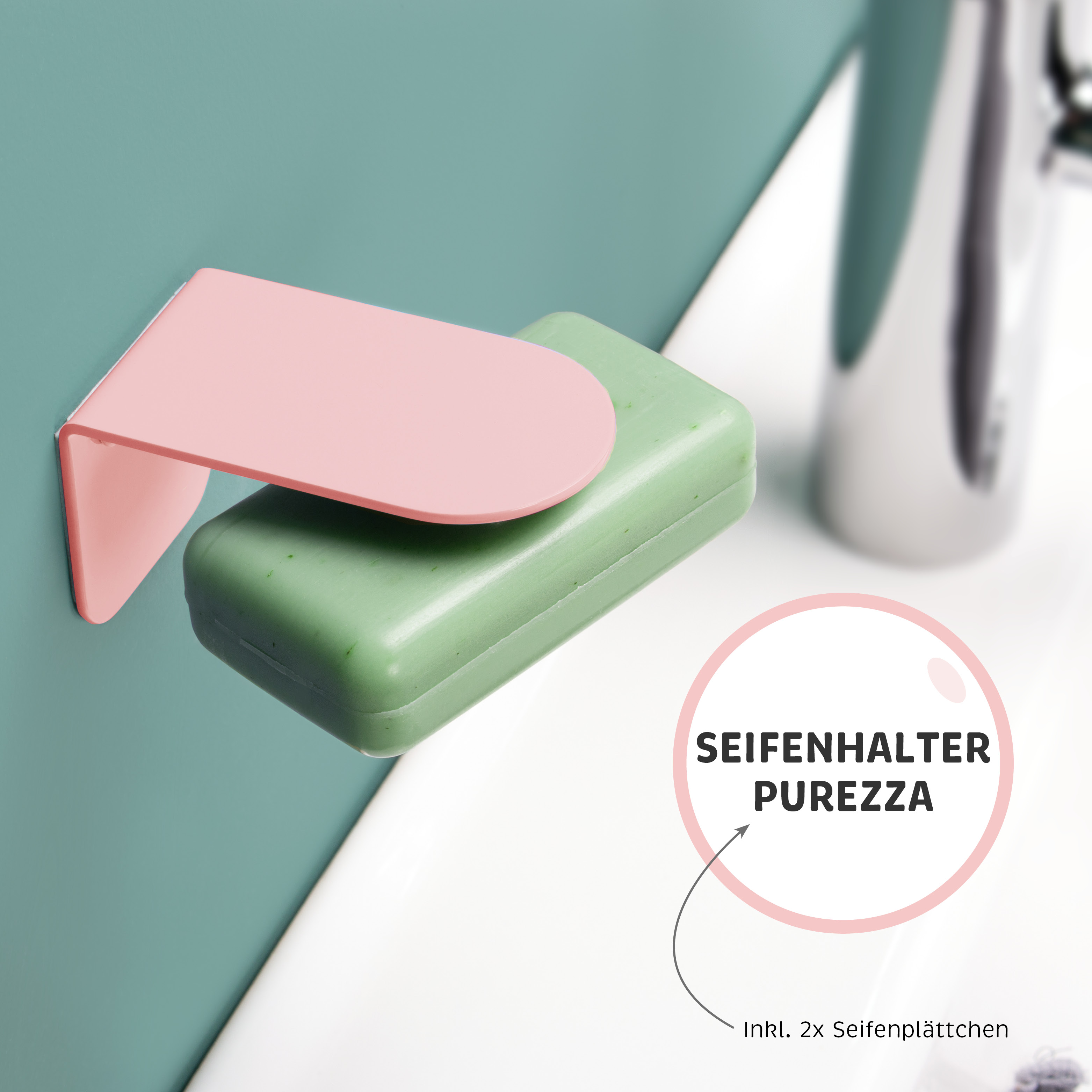 Magnet-Seifenhalter PUREZZA – frei hängende Seife durch Magnet – Kleben oder Bohren, rosé, 2er-Set
