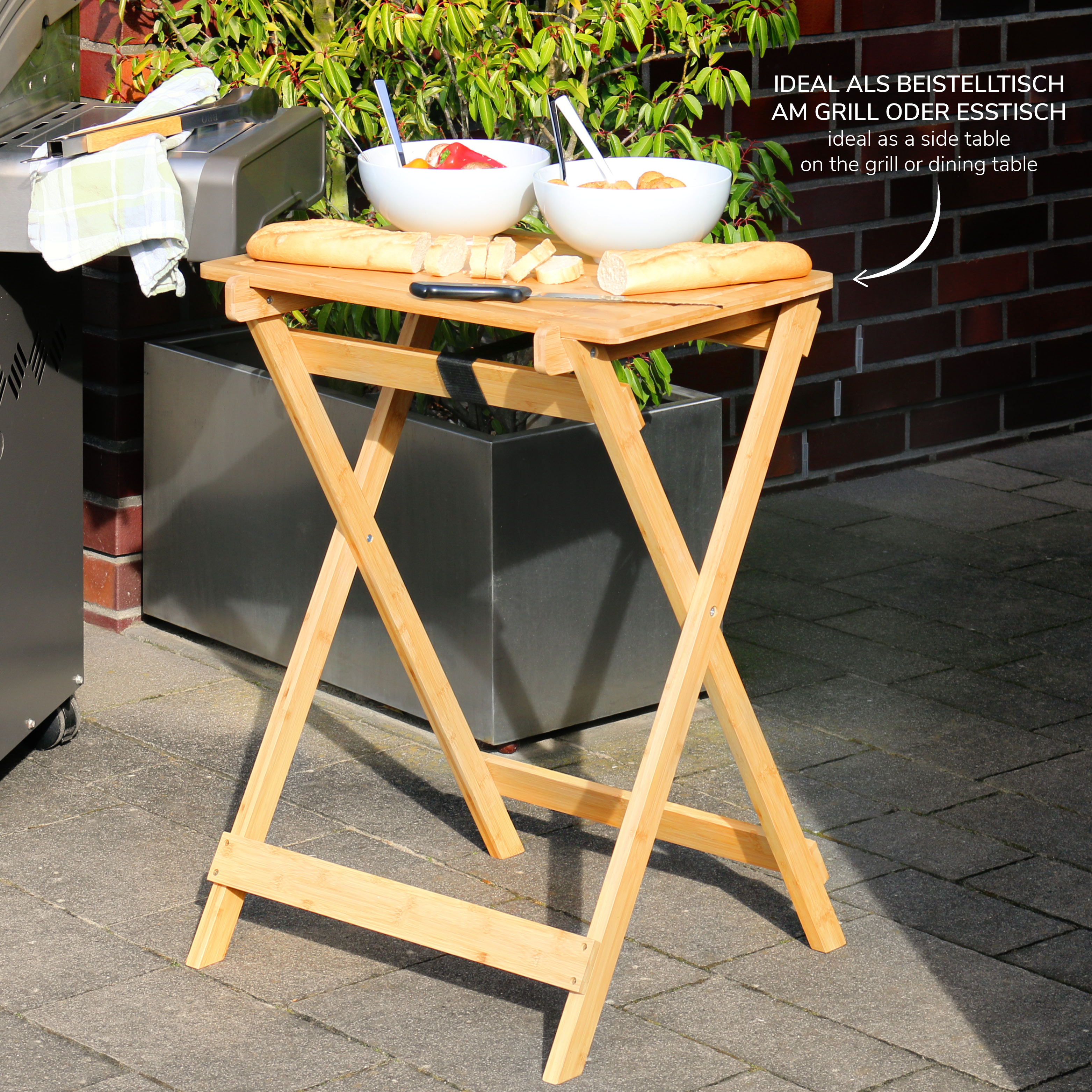 Grilltisch, klappbar, abnehmbares Schneidebrett, Bambus, ca. 60 x 78,5 x 45 cm, BBQ-Tisch