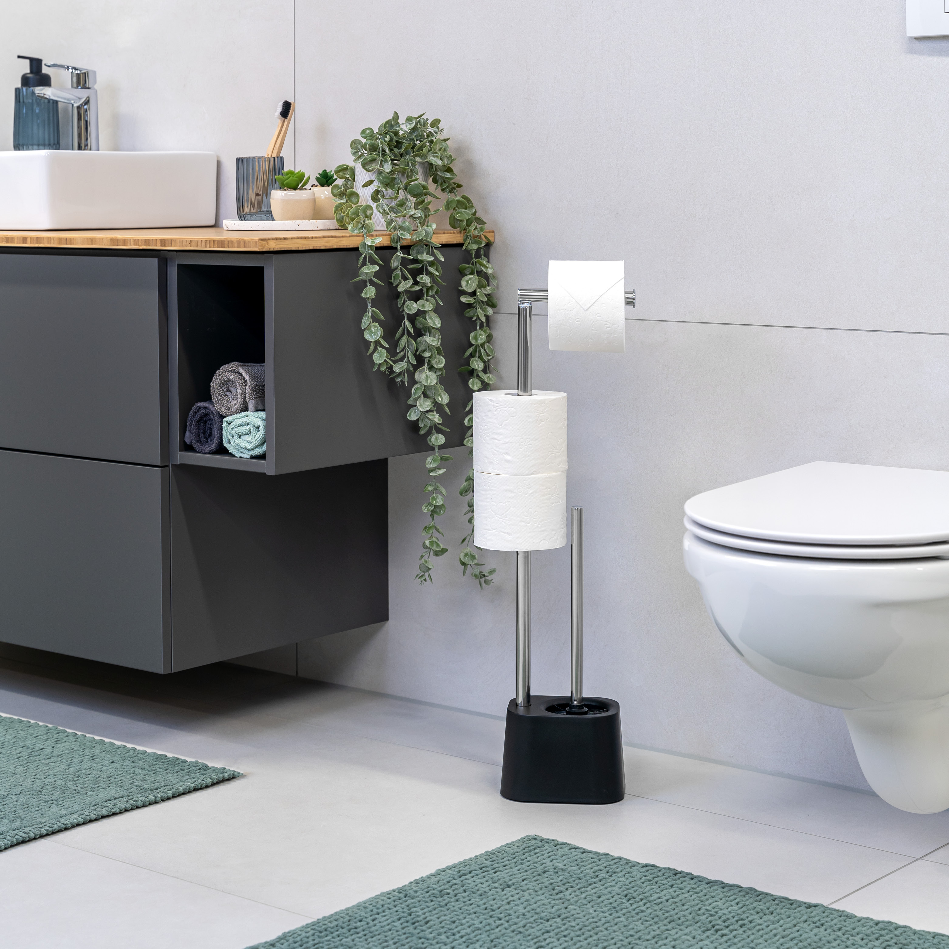 WC-Garnitur 3in1 inkl. Rollenhalter, WC-Bürste und Ersatzrollenhalter | Edelstahl rostfrei, inkl. 2 Ersatzbürstenköpfe | WC-Ständer schwarz