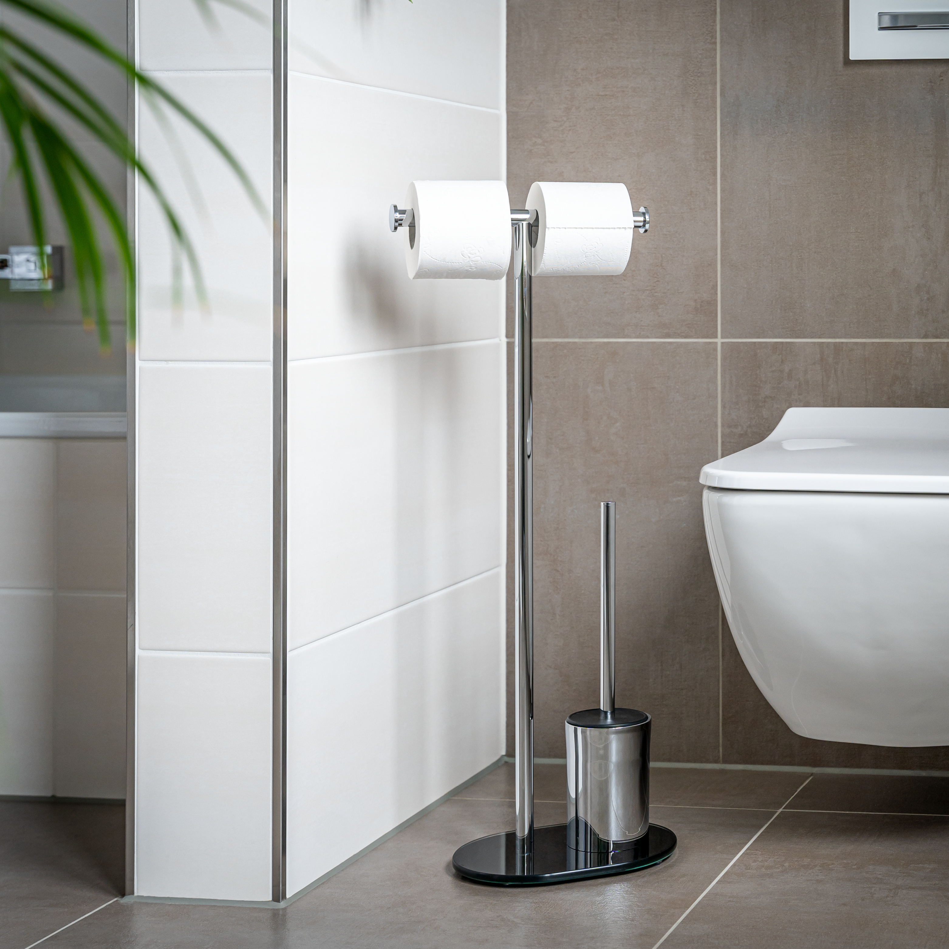 Stand-WC-Garnitur 3in1, WC-Bürste, Rollenhalter, mit Glassockel, schwarz
