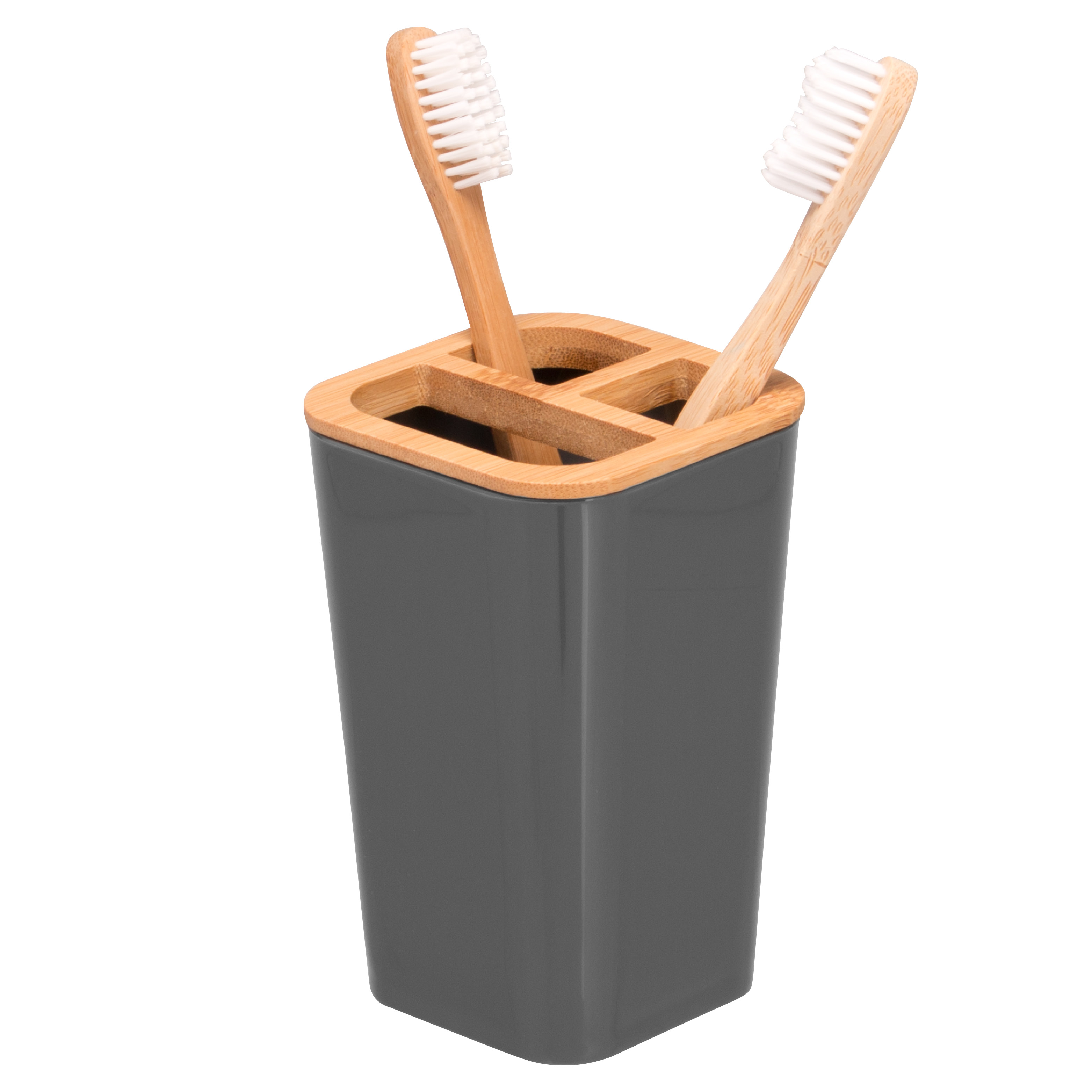 Zahnbürstenhalter CALVI aus Bambus und Kunststoff | Utensilienständer | Mundspülbecher, grau