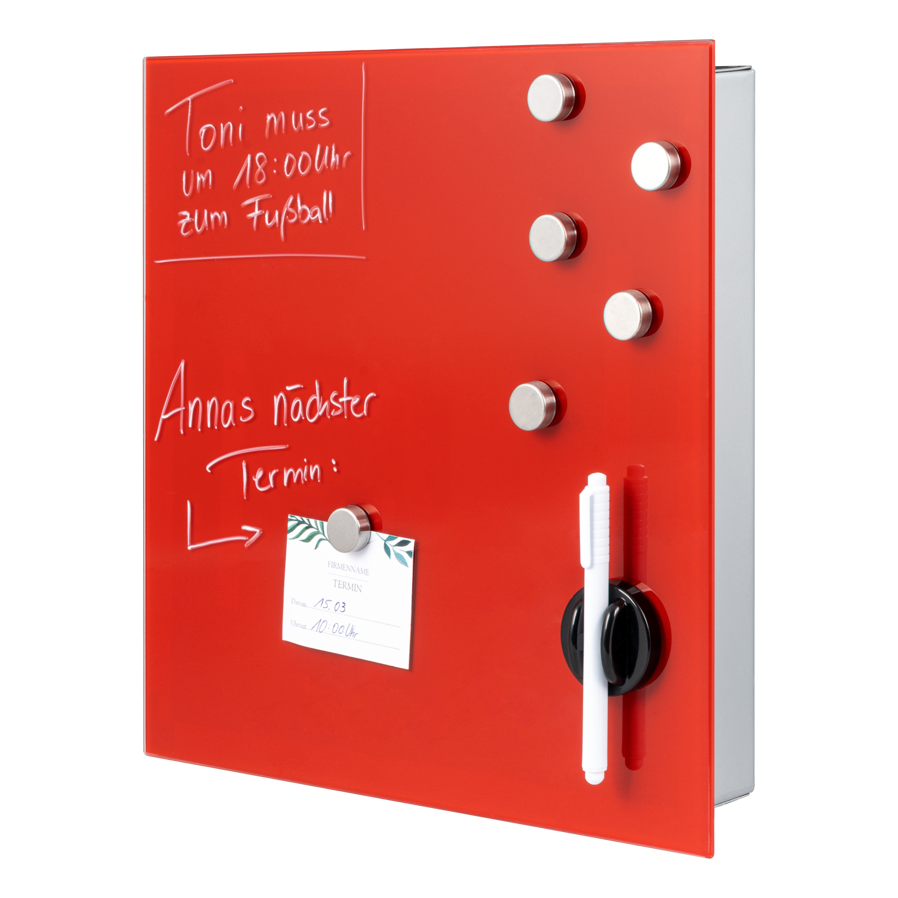 Schlüsselkasten XL mit roter Glasfront, beschreibbar, 13 Haken, 6 Magnete, 1 Marker, 1 Marker-Halter, Korpus aus Metall grau pulverbeschichtet