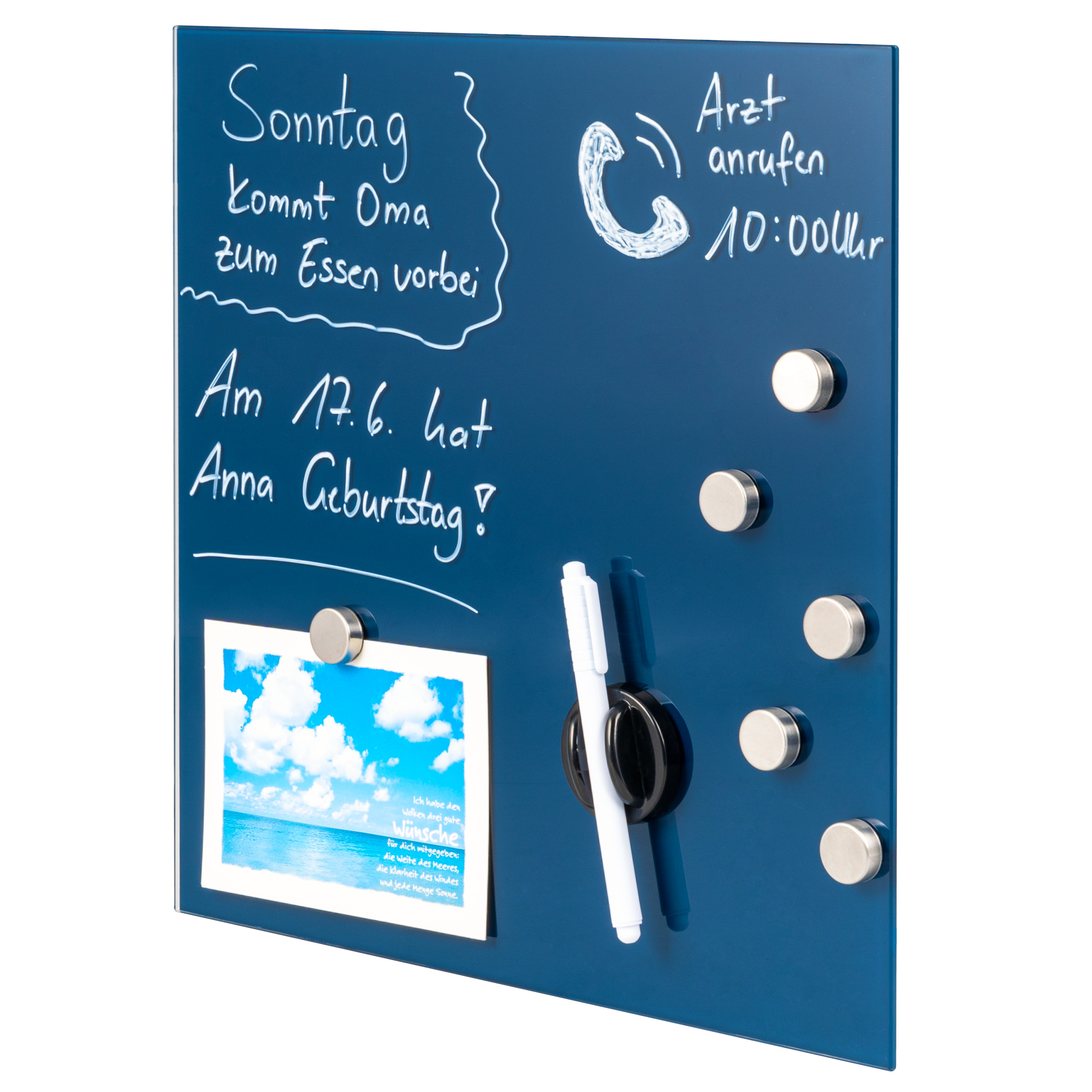 Magnettafel mit blauer Glasfront, beschreibbar, 6 Magnete, 1 Marker, 1 Marker-Halter, Memo-Board