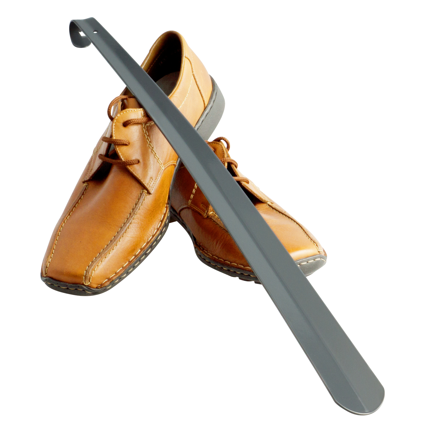 Schuhlöffel, Komfort-Schuhanzieher, groß 58 cm, aus Metall gefertigt, grau lackiert