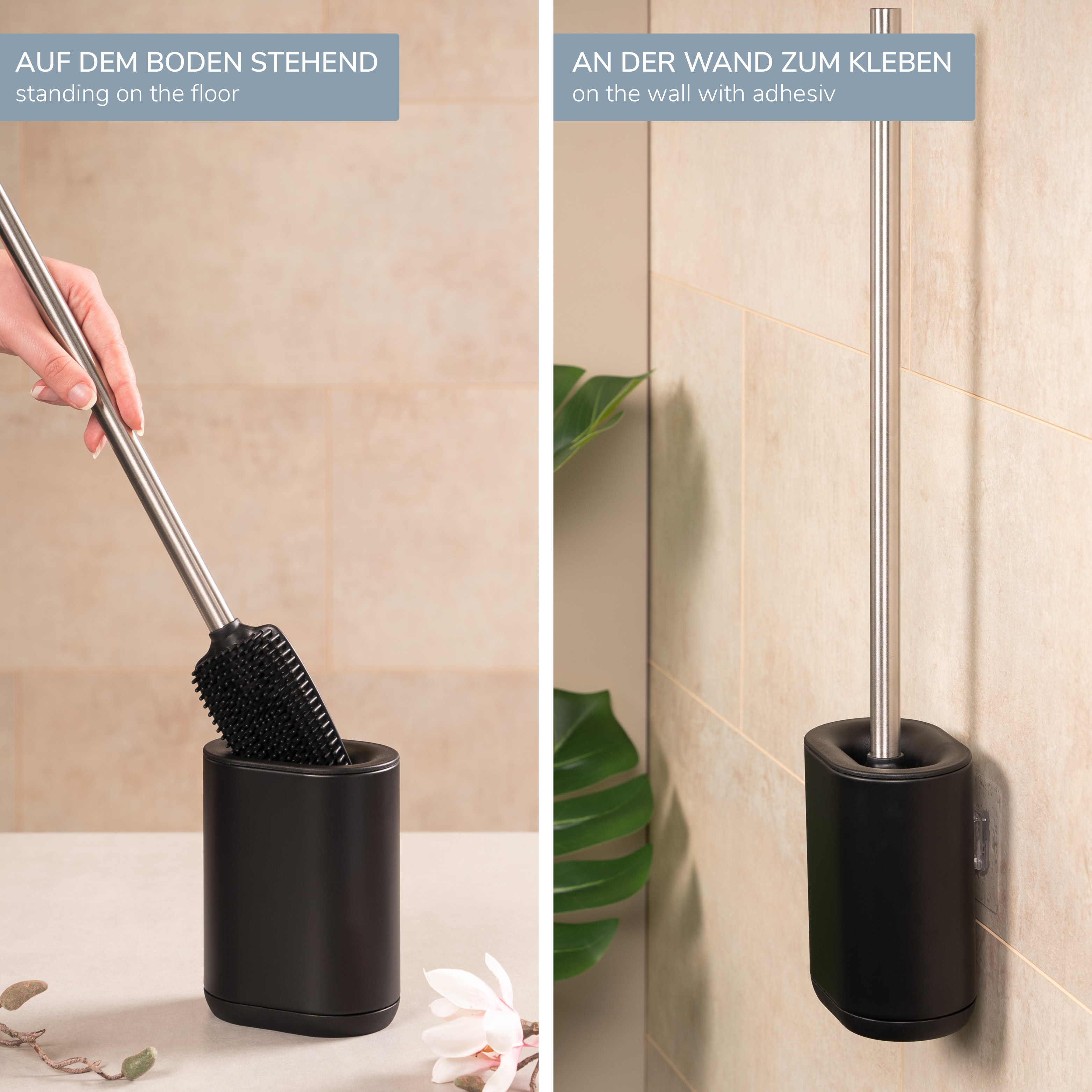 WC-Garnitur BARBENA, schwarz, mit flexibler 3in1 Bürste aus elastischem TPR-Material mit Wandhalterung // WC-Bürste Edelstahlgriff 