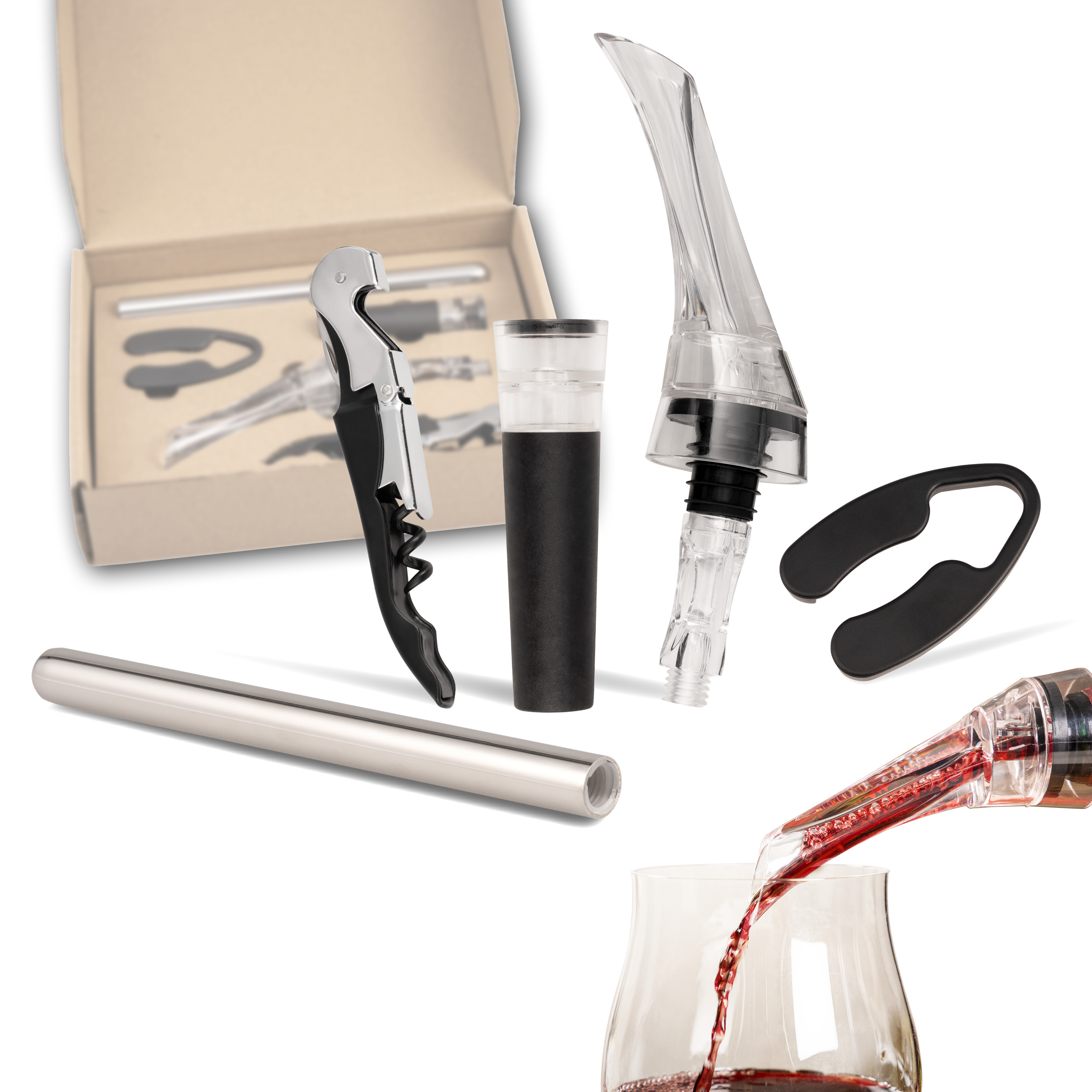 Wein-Set 5-tlg, inkl. Dekanter-Ausgießer mit Verschluss, Kellnermesser, Vakuumverschluss, Kühlstab und Folienschneider, Geschenk-Set für Rotwein, Sommelier-Set