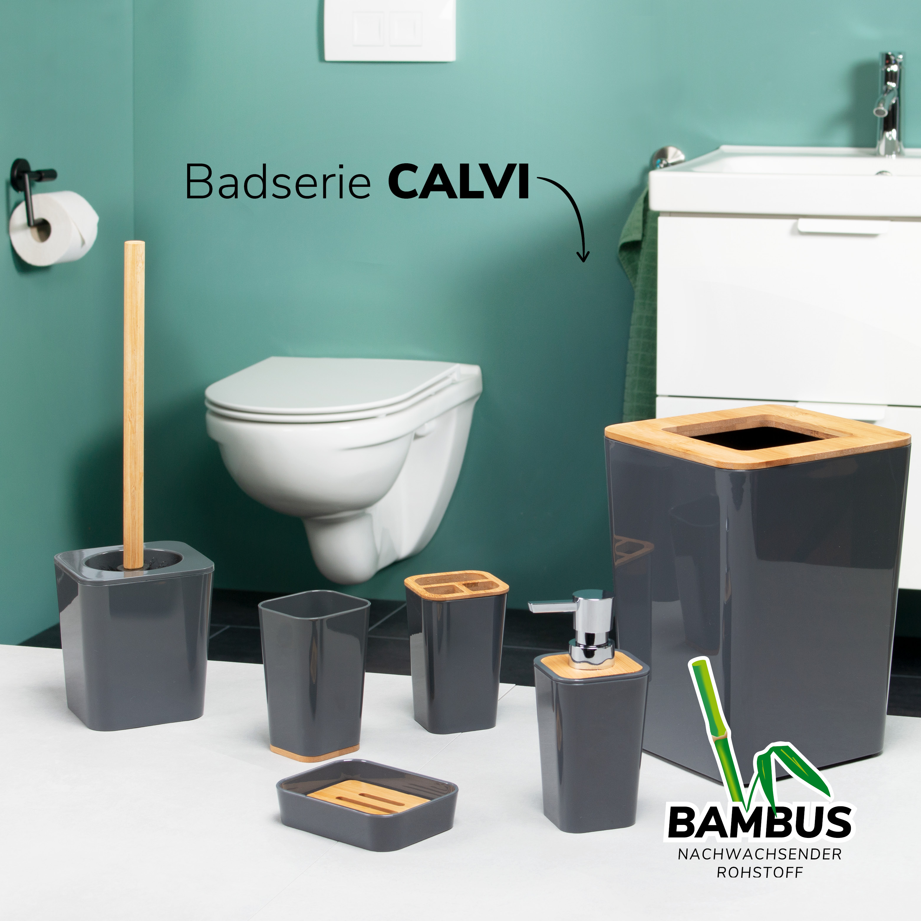 6tlg. Bad-Set CALVI | mit WC-Bürste Seifenspender Kosmetikeimer Seifenschale Bürstenhalter Becher, grau