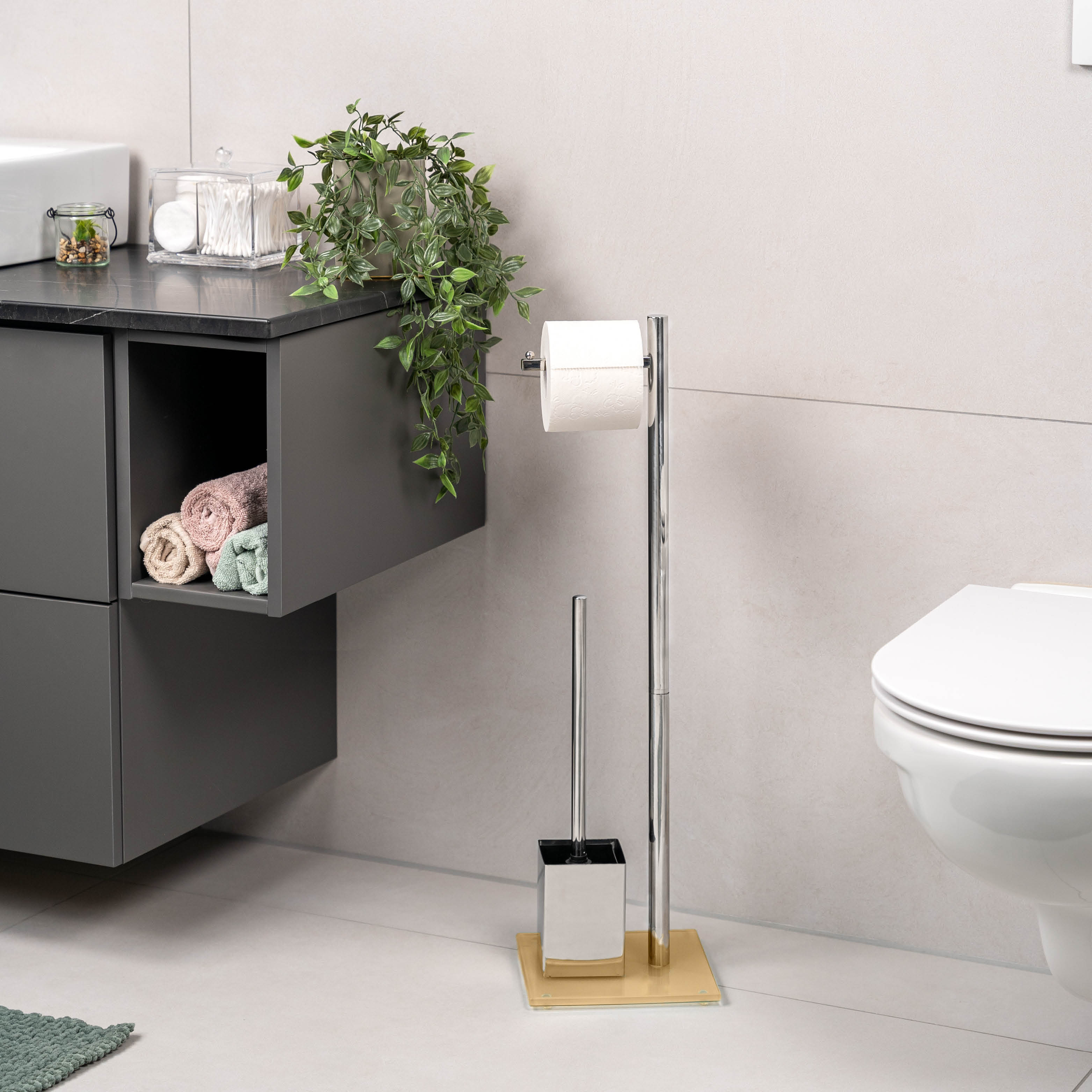 Stand-WC-Garnitur 2in1, WC-Bürste, Rollenhalter, Glasfuß, cappuccino, Edelstahl