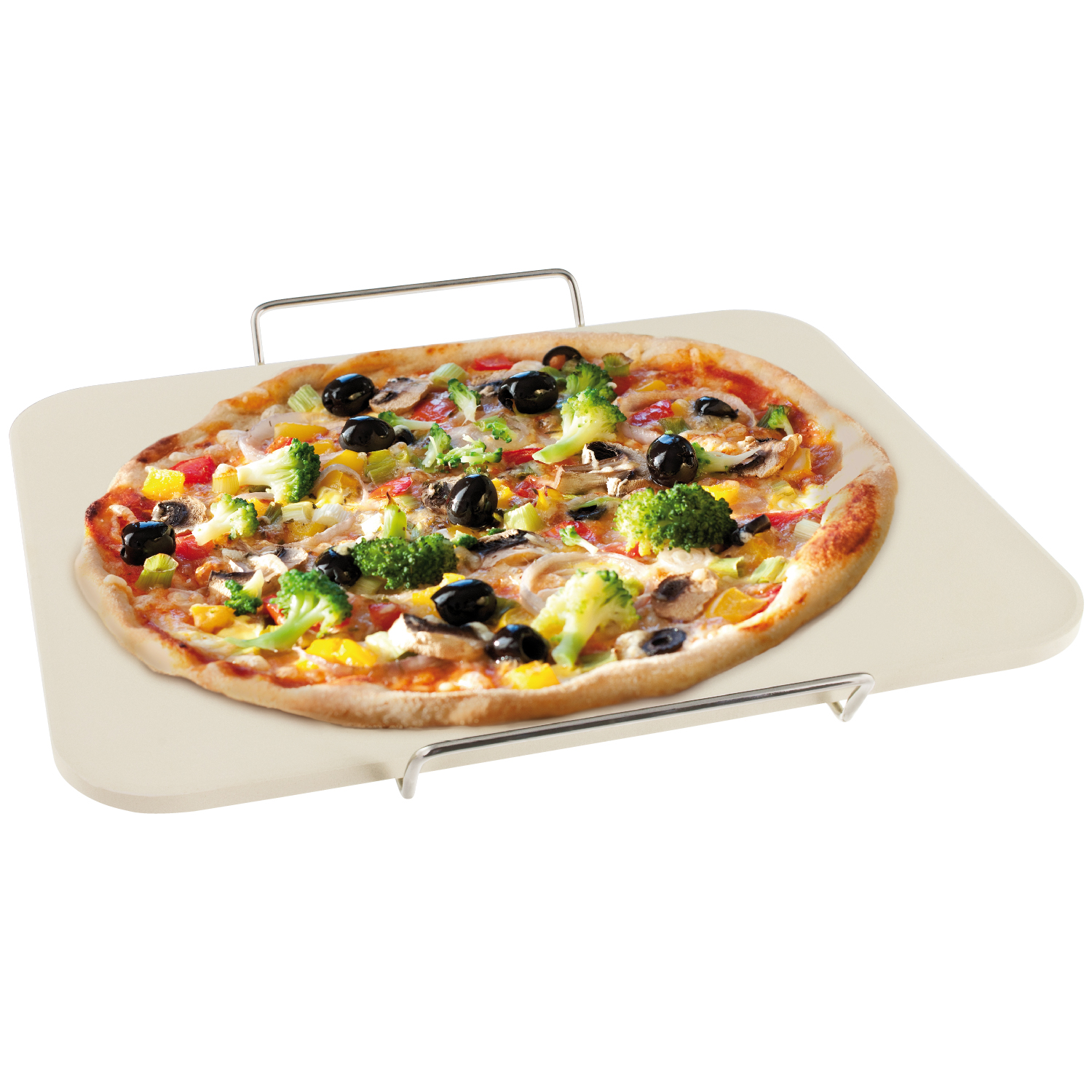 Pizzastein 30 x 38 x 1 cm, Cordierit, mit Pizzaschaufel und Serviergestell