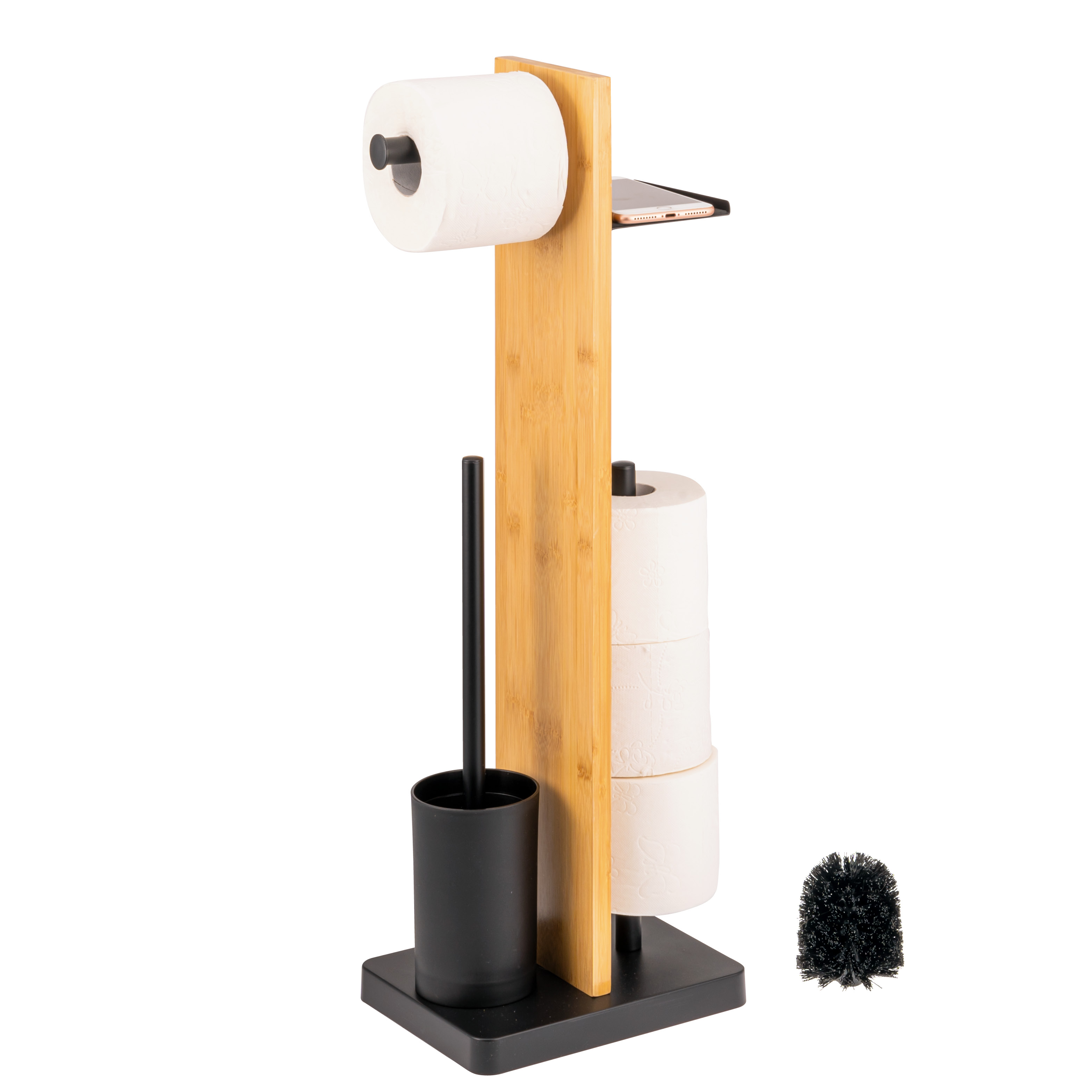 eluno Stand-WC-Garnitur 4in1, WC-Bürste, (Ersatz-)Rollenhalter, Ablage, Bambus/Metall, schwarz