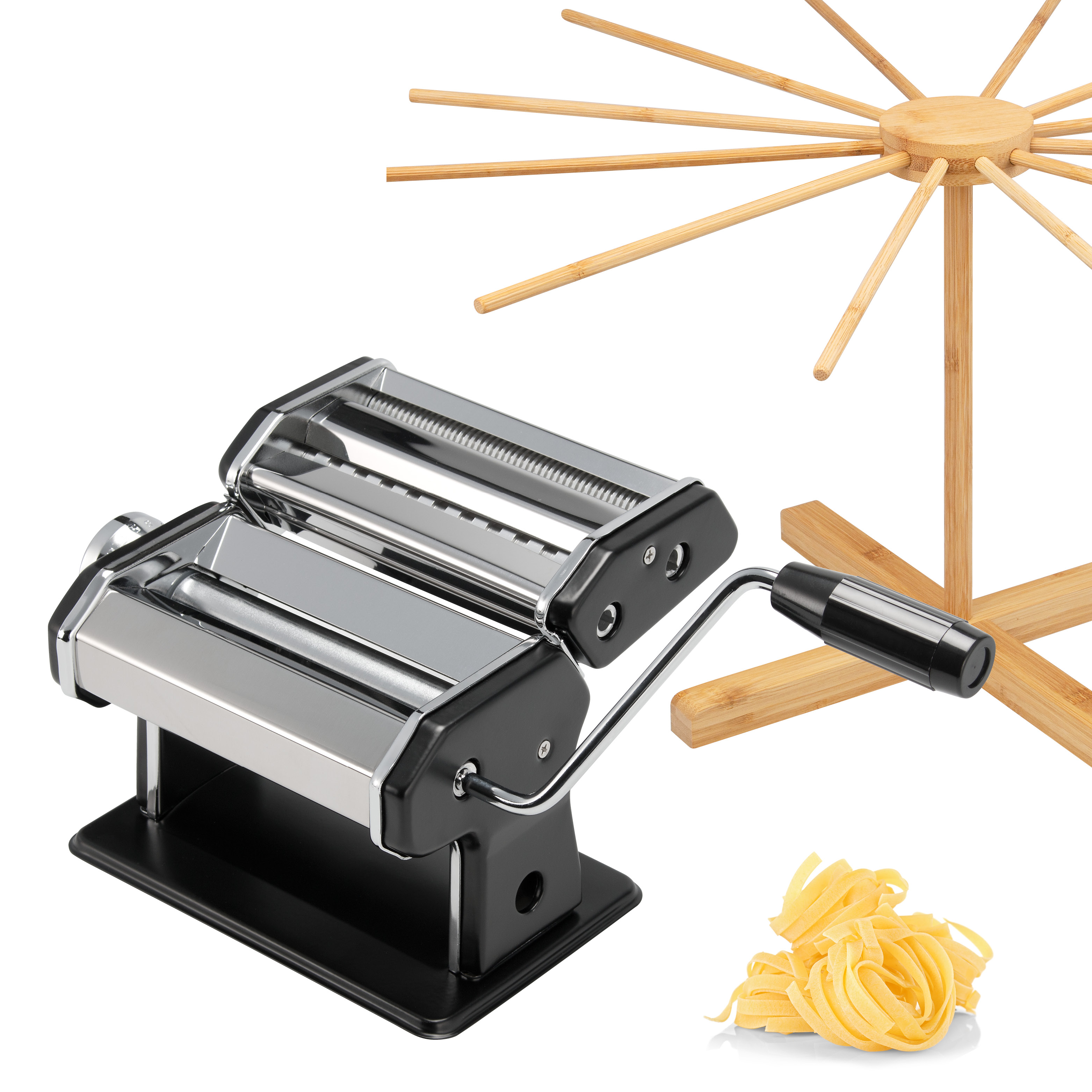 Nudelmaschine für Spaghetti, Pasta und Lasagne inkl. Nudeltrocker aus Bambus als Set, schwarz