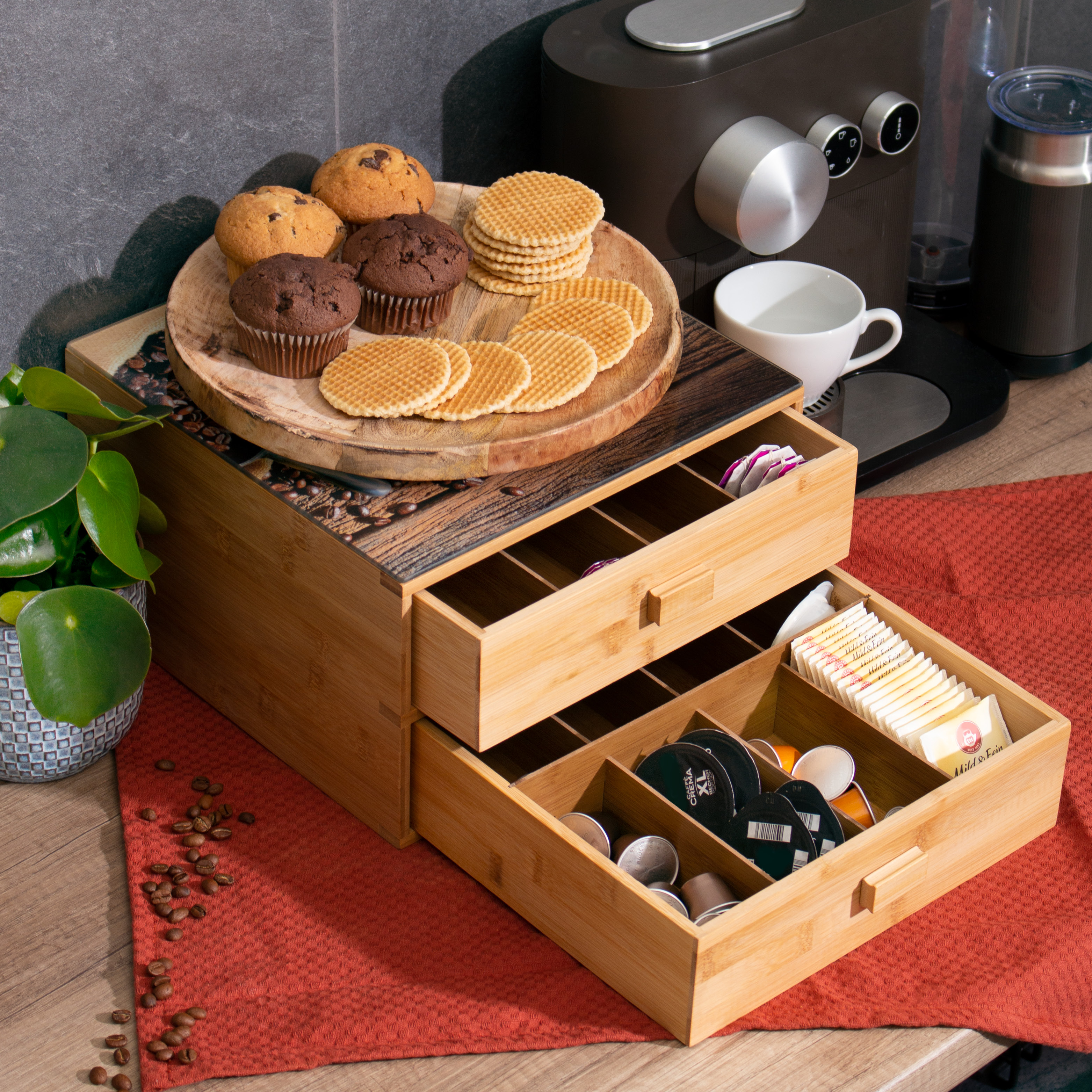 Kaffeekapsel-Box aus Bambus mit Dekor-Glasplatte - Teebeutel-Box