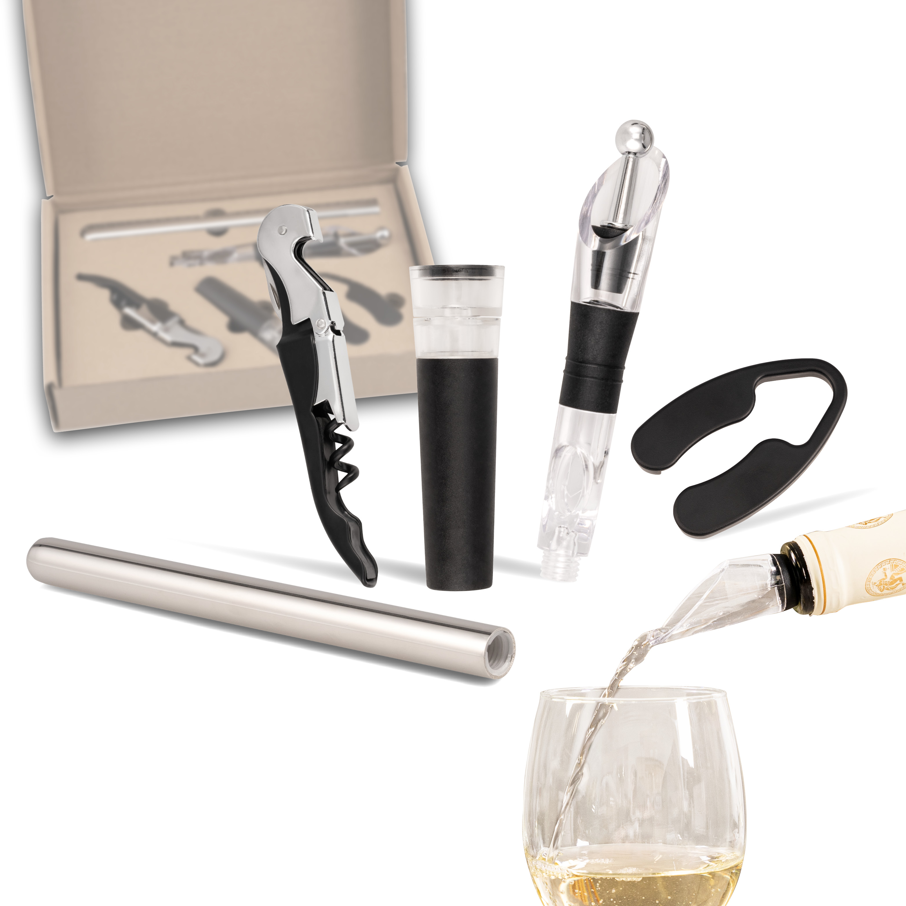Wein-Set 5-tlg, inkl. Kellnermesser, Vakuumverschluss, Ausgießer mit Verschluss, Kühlstab und Folien