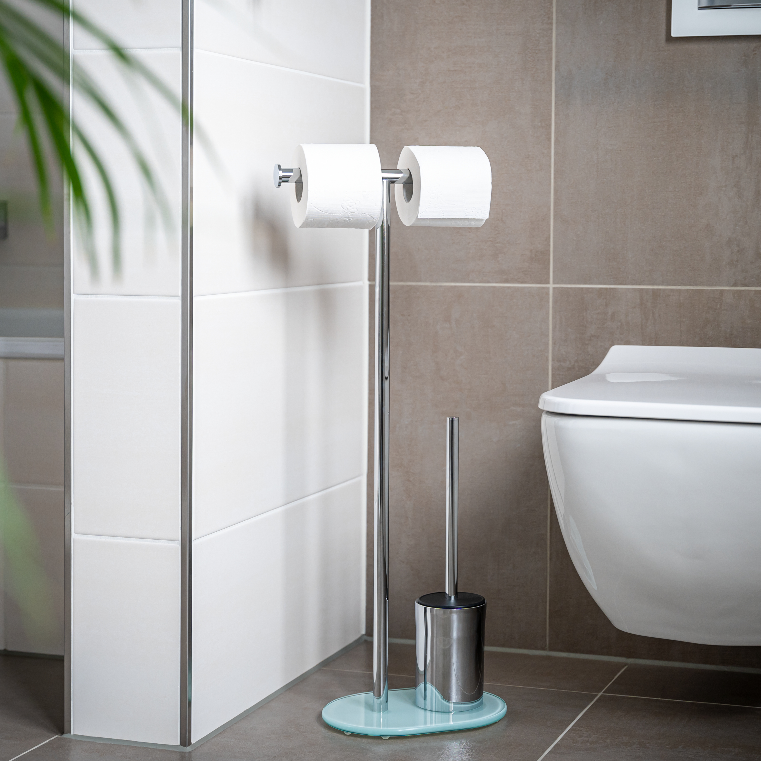 Stand-WC-Garnitur 3in1, WC-Bürste, Rollenhalter, mit Glassockel, weiß
